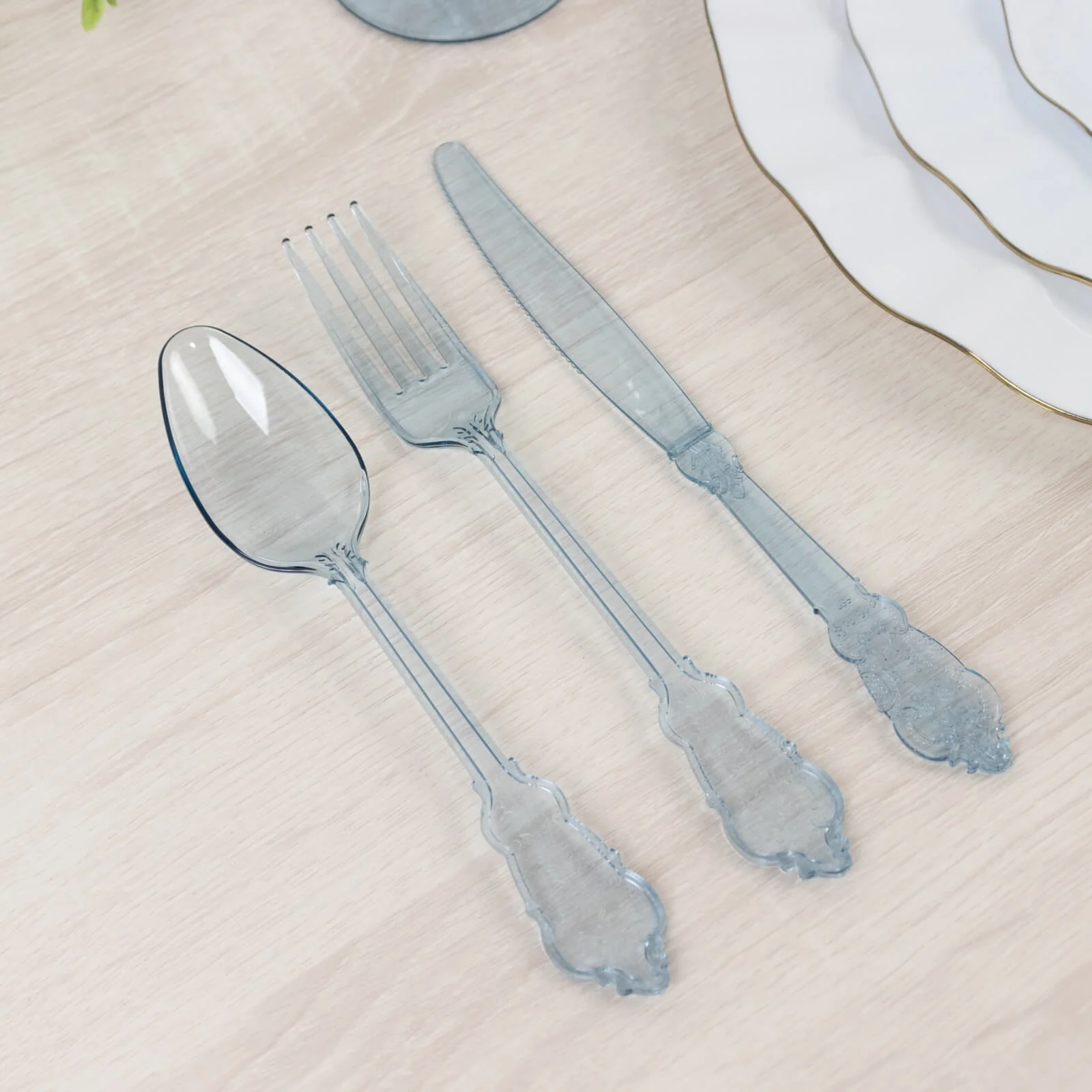 72 Pcs Plastic Silverware Set Transparent Dusty Blue in Baroque Style - Heavy Duty Disposable Knife, Fork, and Spoon Set - Image 9
