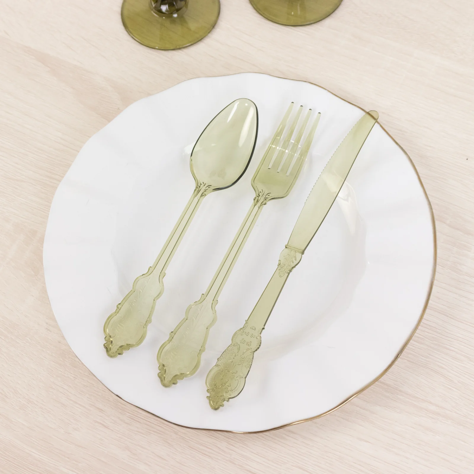 72 Pcs Plastic Silverware Set Transparent Dusty Sage Green in Baroque Style - Heavy Duty Disposable Knife, Fork, and Spoon Set - Image 2