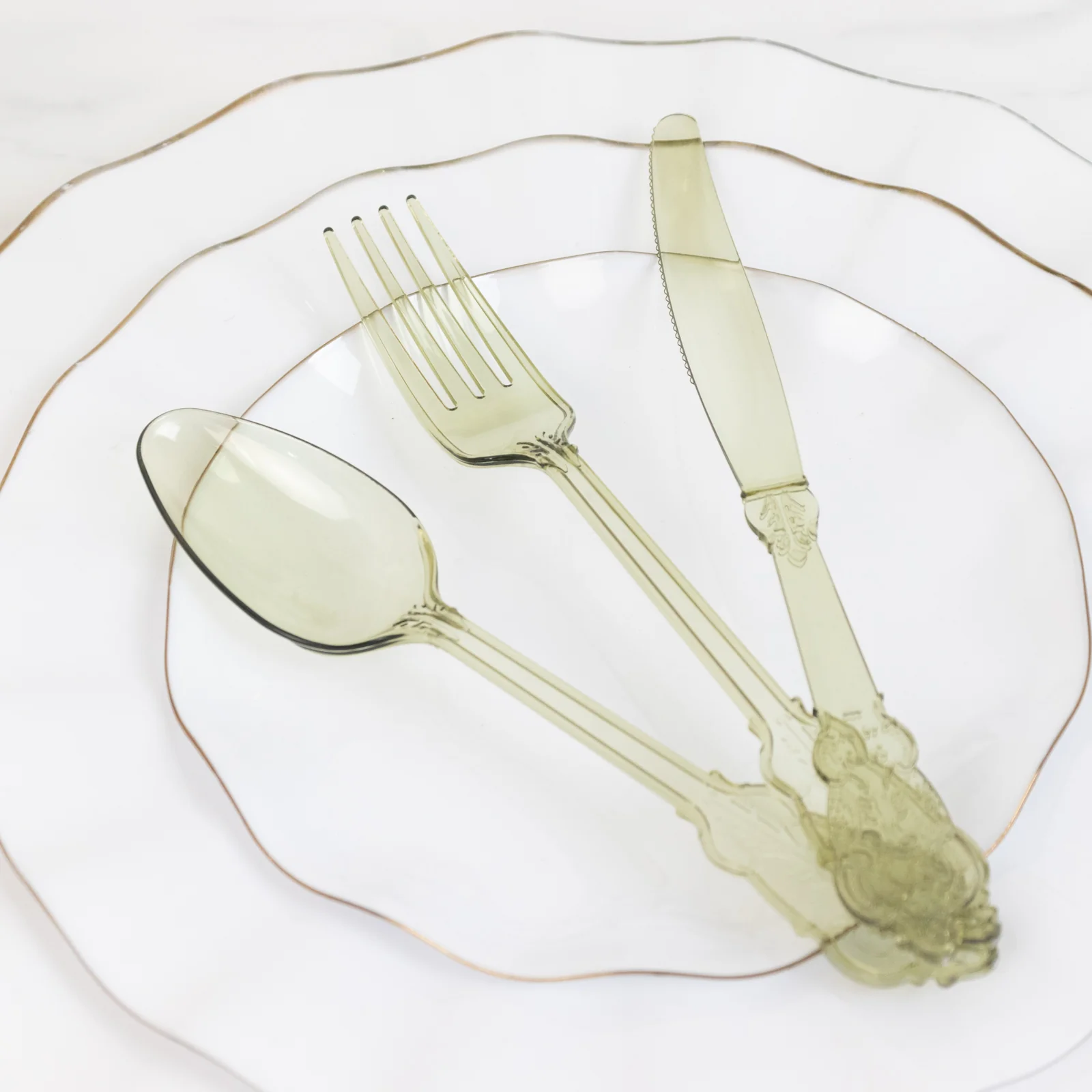 72 Pcs Plastic Silverware Set Transparent Dusty Sage Green in Baroque Style - Heavy Duty Disposable Knife, Fork, and Spoon Set - Image 7
