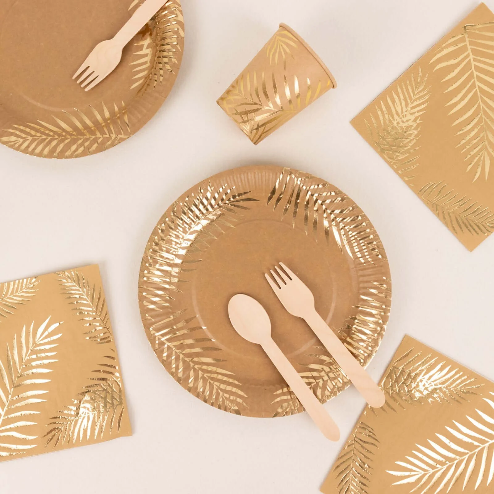 72 Pcs Paper Dinnerware Set Natural with Gold Foil Palm Leaves Print - Disposable Plates, Cups, and Napkins Tableware - Image 2