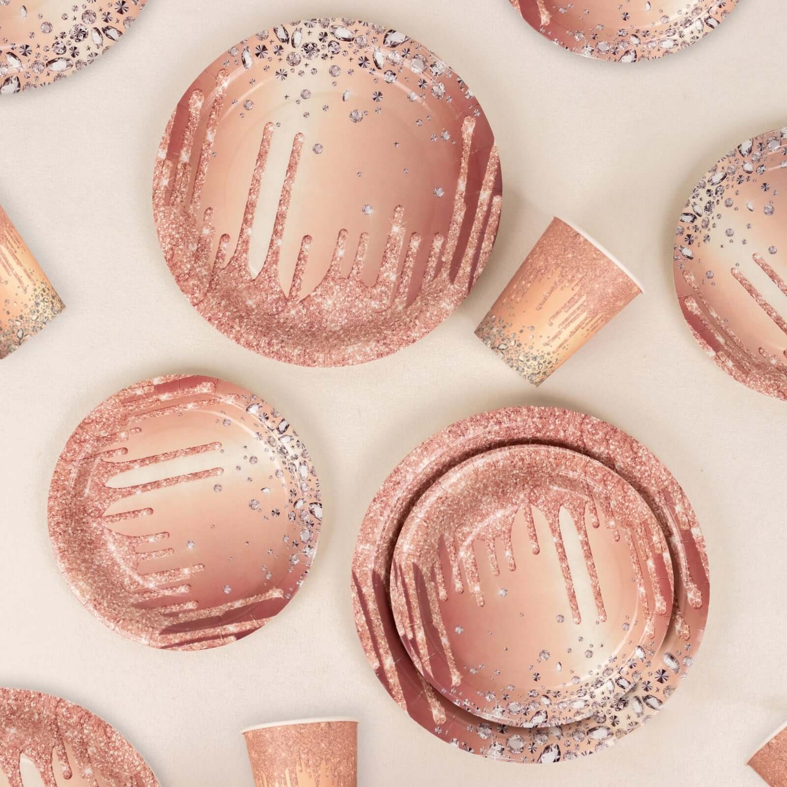 72 Pcs Paper Dinnerware Set Rose Gold with Diamonds Glitter Drip Pattern - Disposable Plates, Cups, and Tableware Combo