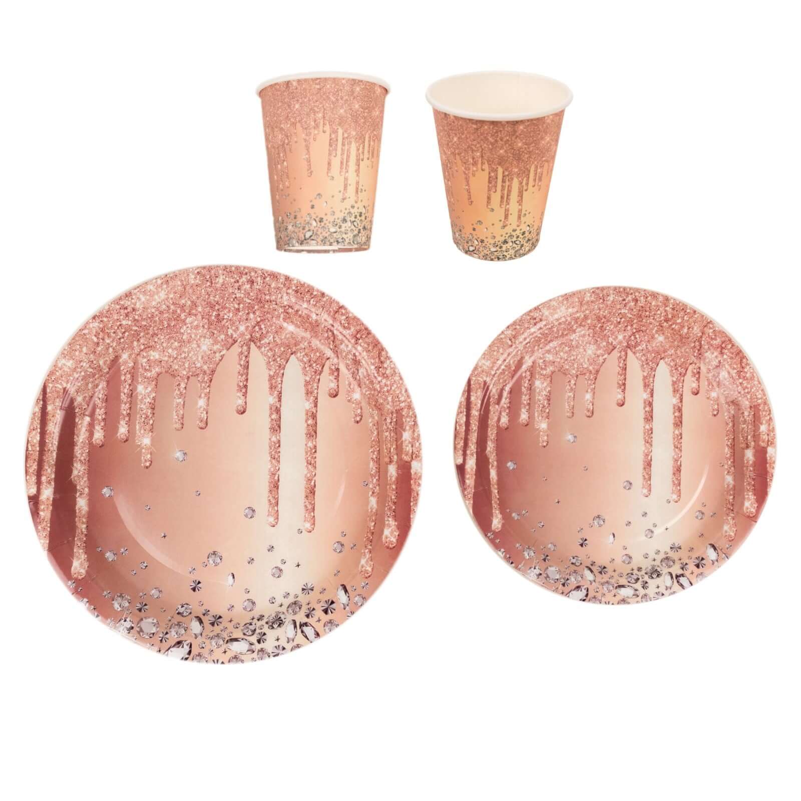 72 Pcs Paper Dinnerware Set Rose Gold with Diamonds Glitter Drip Pattern - Disposable Plates, Cups, and Tableware Combo - Image 10