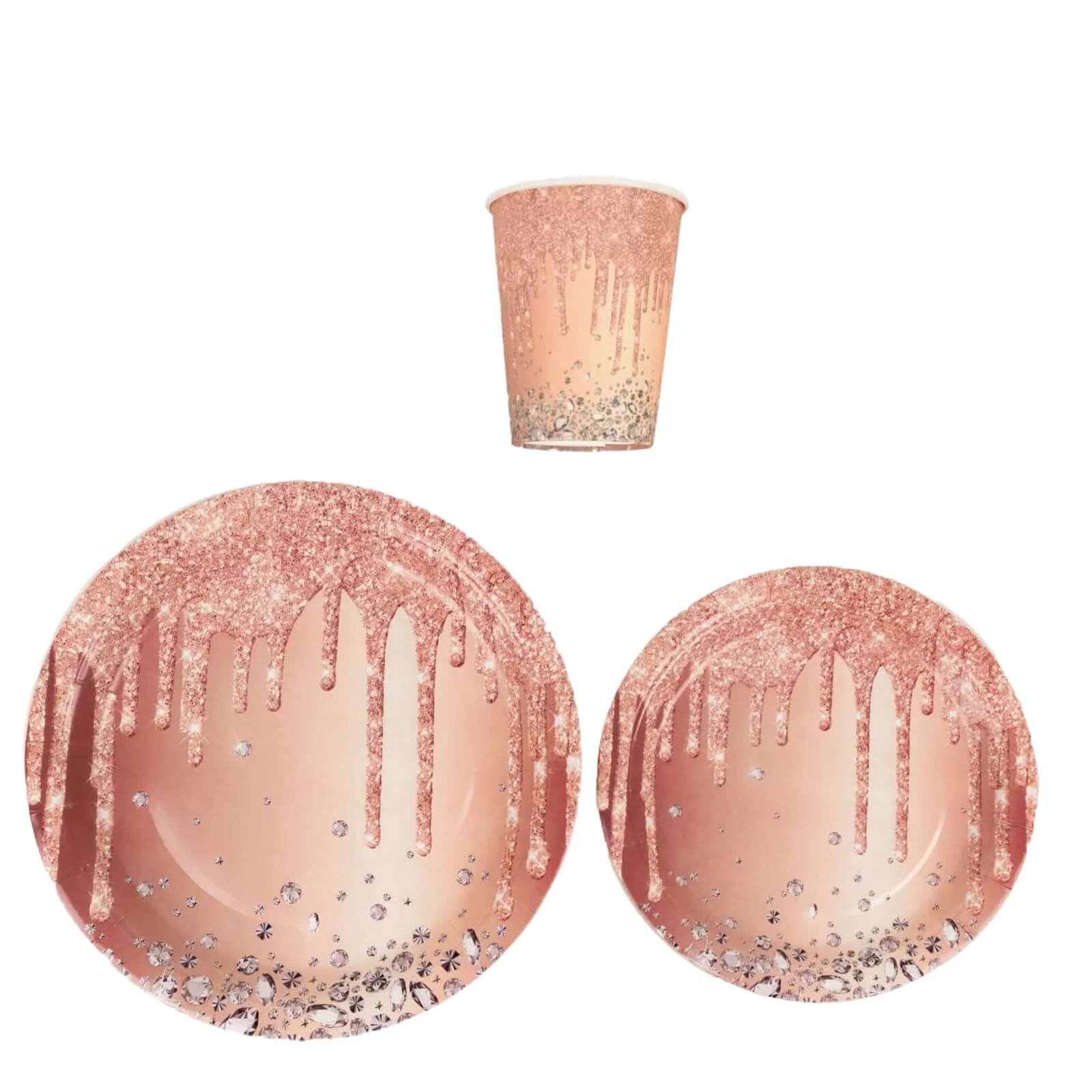 72 Pcs Paper Dinnerware Set Rose Gold with Diamonds Glitter Drip Pattern - Disposable Plates, Cups, and Tableware Combo - Image 11