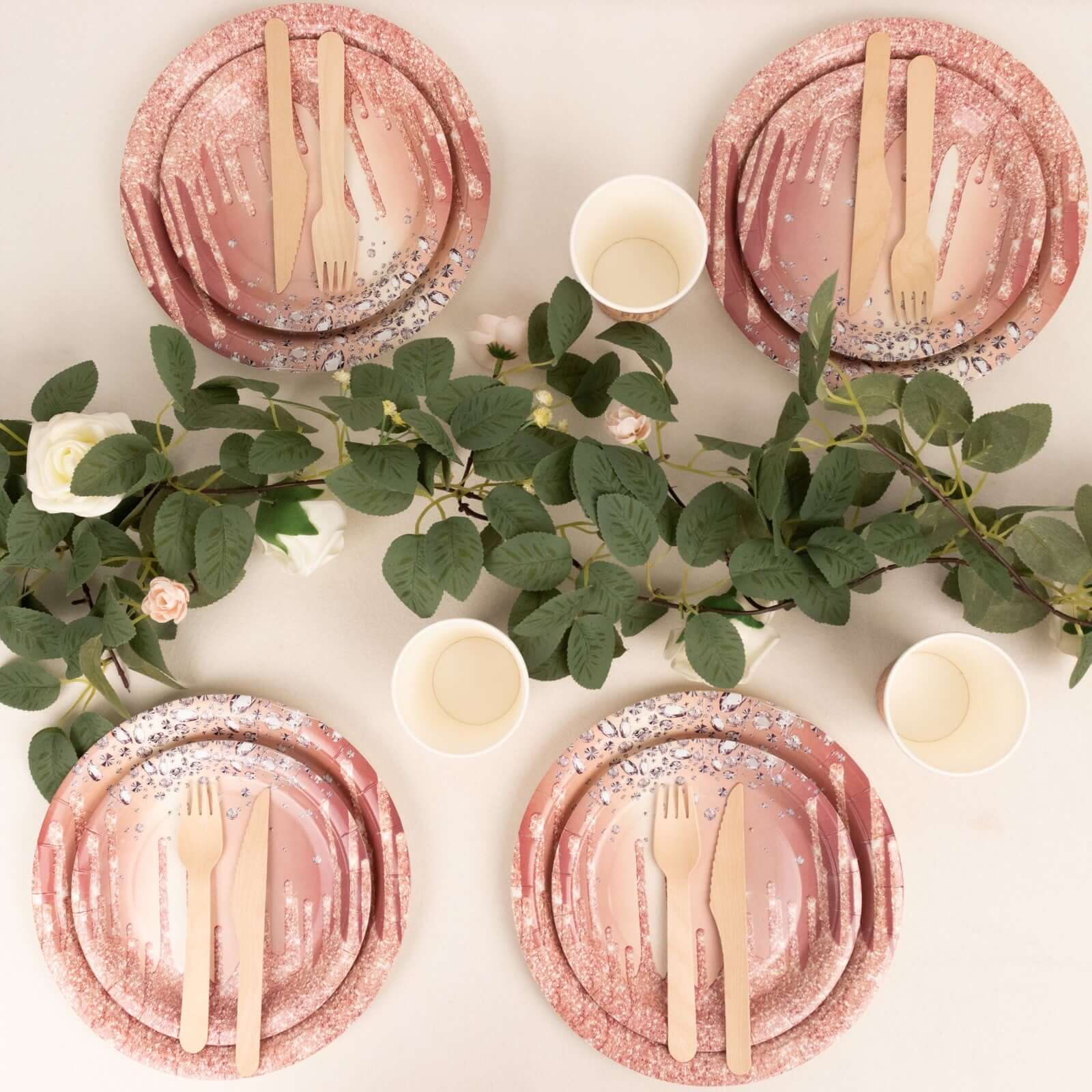 72 Pcs Paper Dinnerware Set Rose Gold with Diamonds Glitter Drip Pattern - Disposable Plates, Cups, and Tableware Combo - Image 2