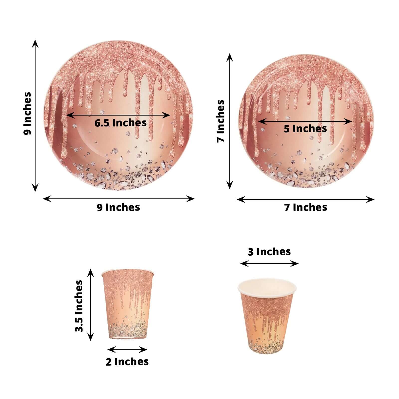 72 Pcs Paper Dinnerware Set Rose Gold with Diamonds Glitter Drip Pattern - Disposable Plates, Cups, and Tableware Combo - Image 3