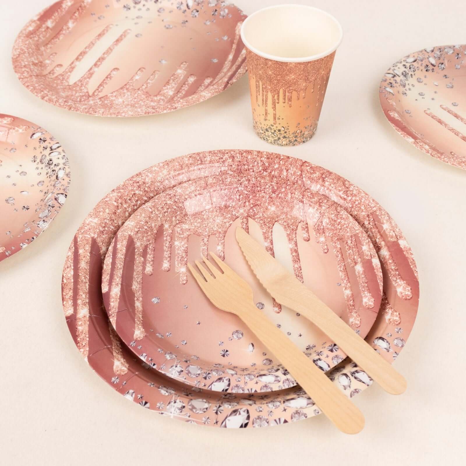 72 Pcs Paper Dinnerware Set Rose Gold with Diamonds Glitter Drip Pattern - Disposable Plates, Cups, and Tableware Combo - Image 4