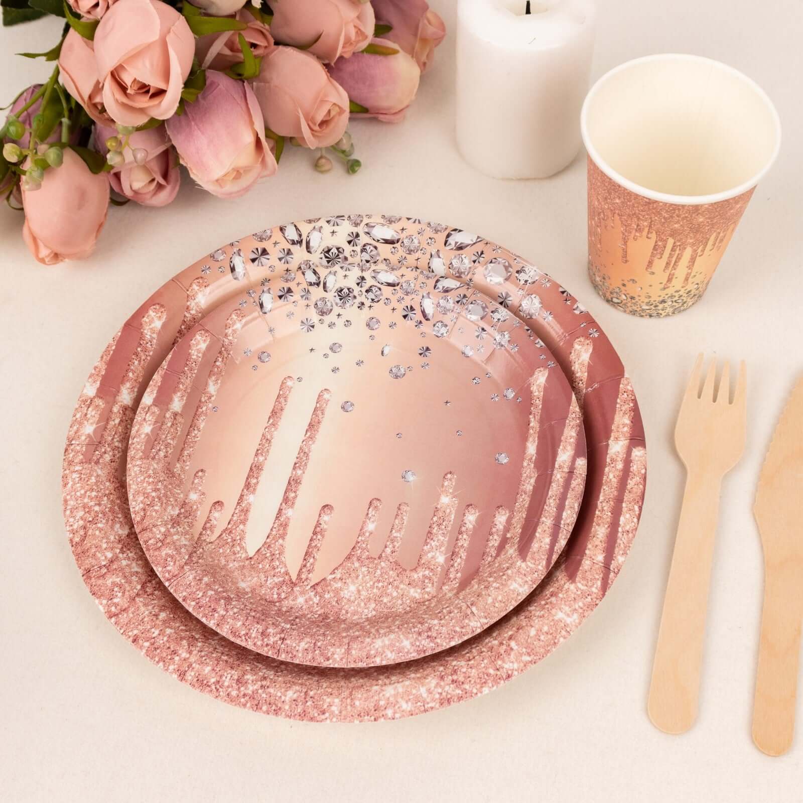 72 Pcs Paper Dinnerware Set Rose Gold with Diamonds Glitter Drip Pattern - Disposable Plates, Cups, and Tableware Combo - Image 5