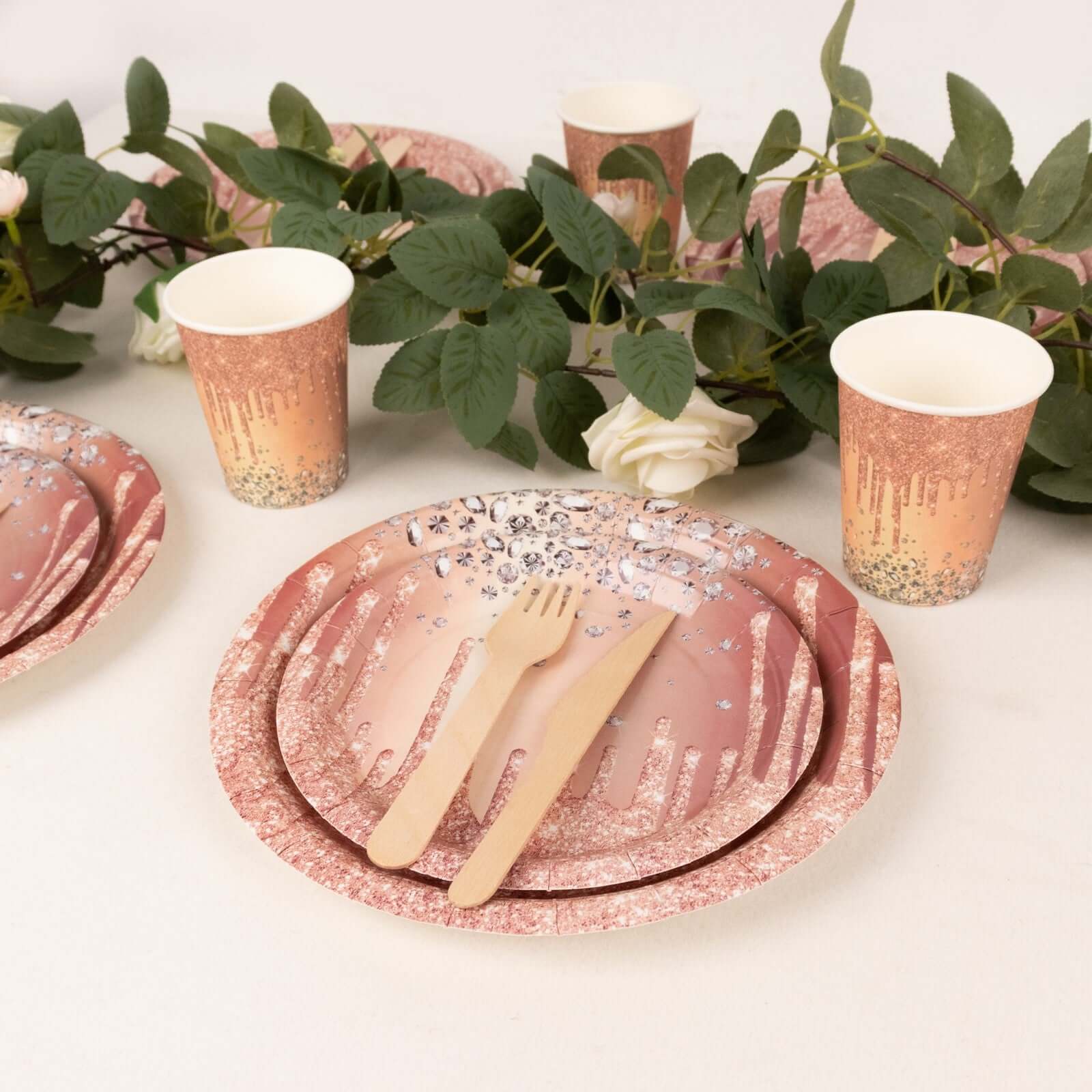 72 Pcs Paper Dinnerware Set Rose Gold with Diamonds Glitter Drip Pattern - Disposable Plates, Cups, and Tableware Combo - Image 6