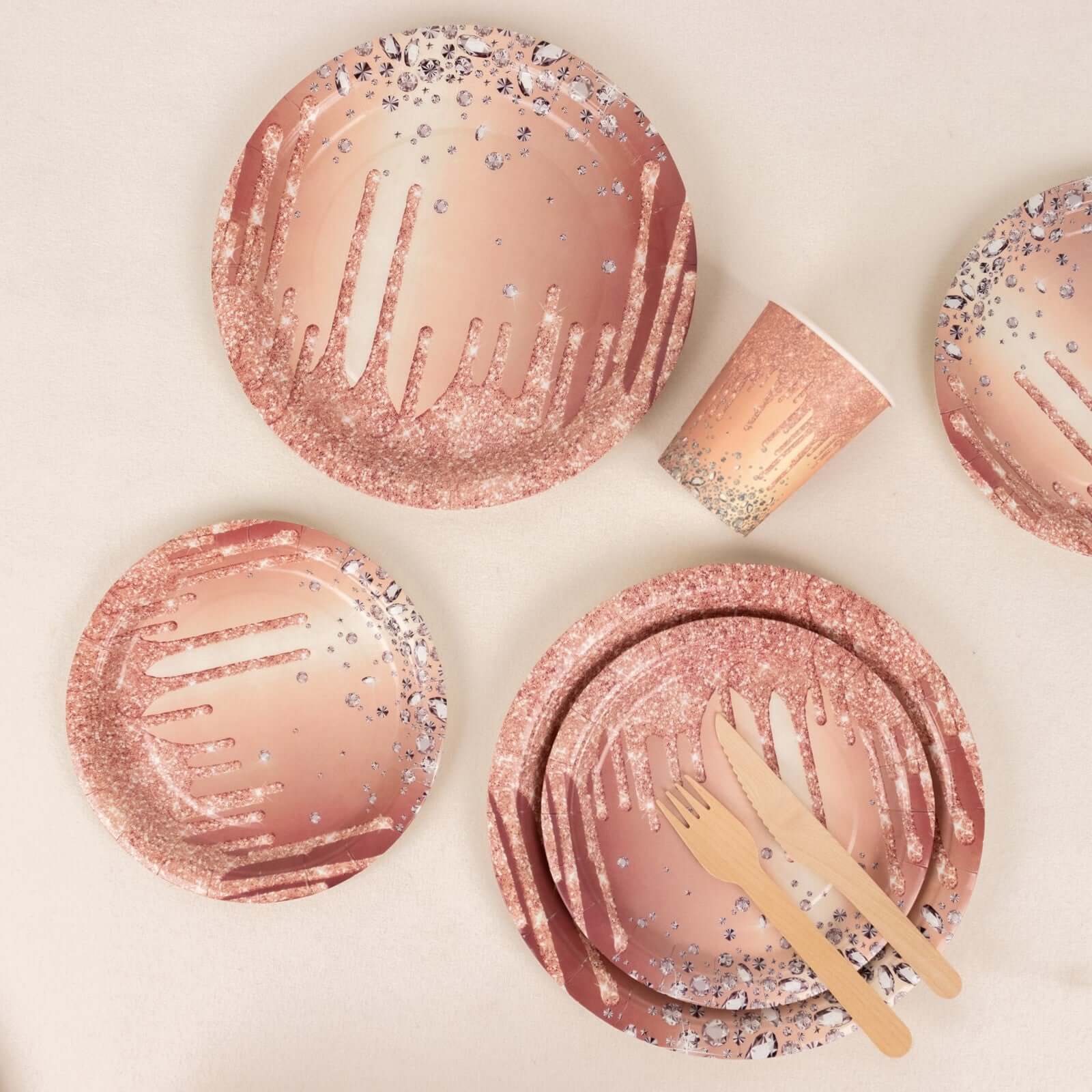72 Pcs Paper Dinnerware Set Rose Gold with Diamonds Glitter Drip Pattern - Disposable Plates, Cups, and Tableware Combo - Image 7