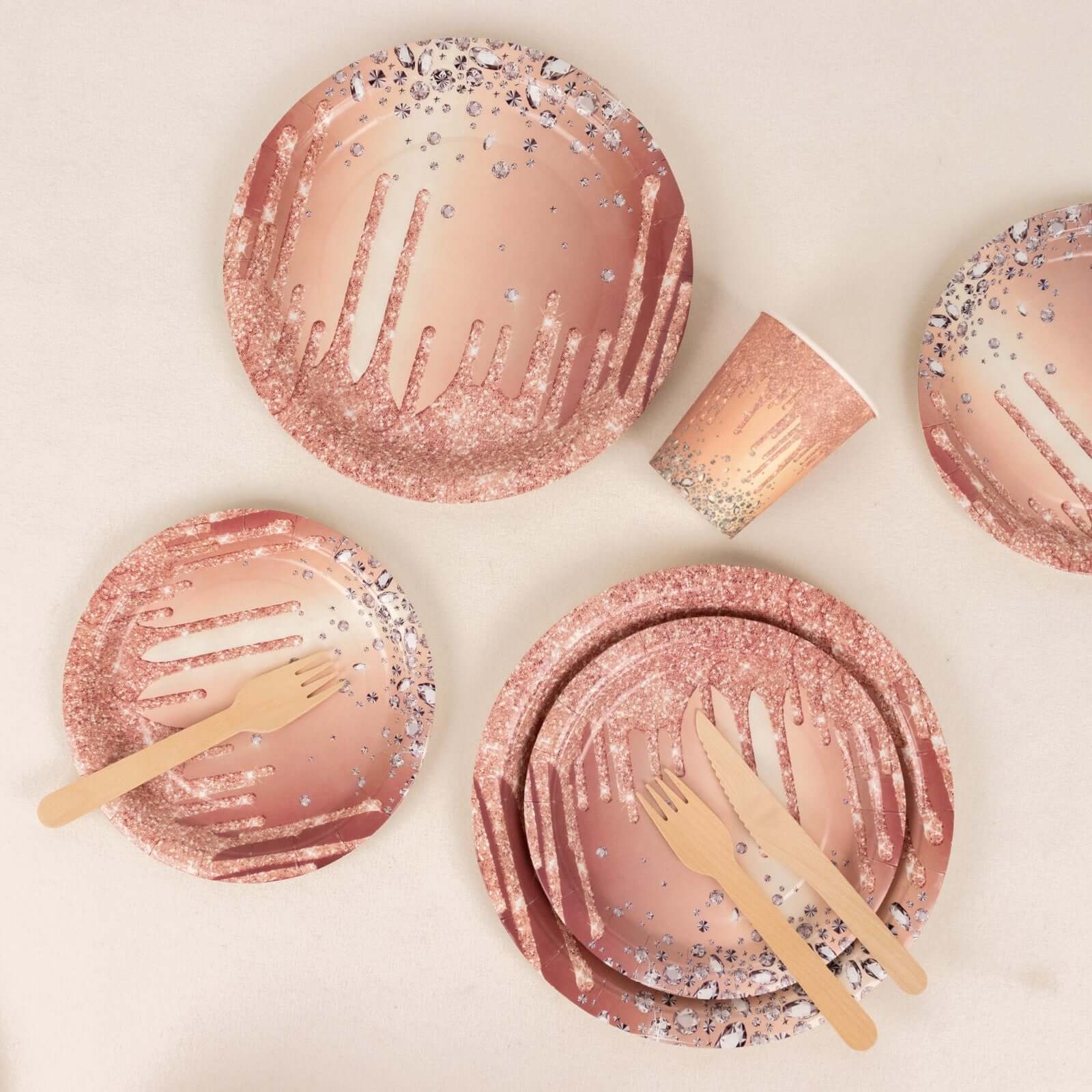 72 Pcs Paper Dinnerware Set Rose Gold with Diamonds Glitter Drip Pattern - Disposable Plates, Cups, and Tableware Combo - Image 8