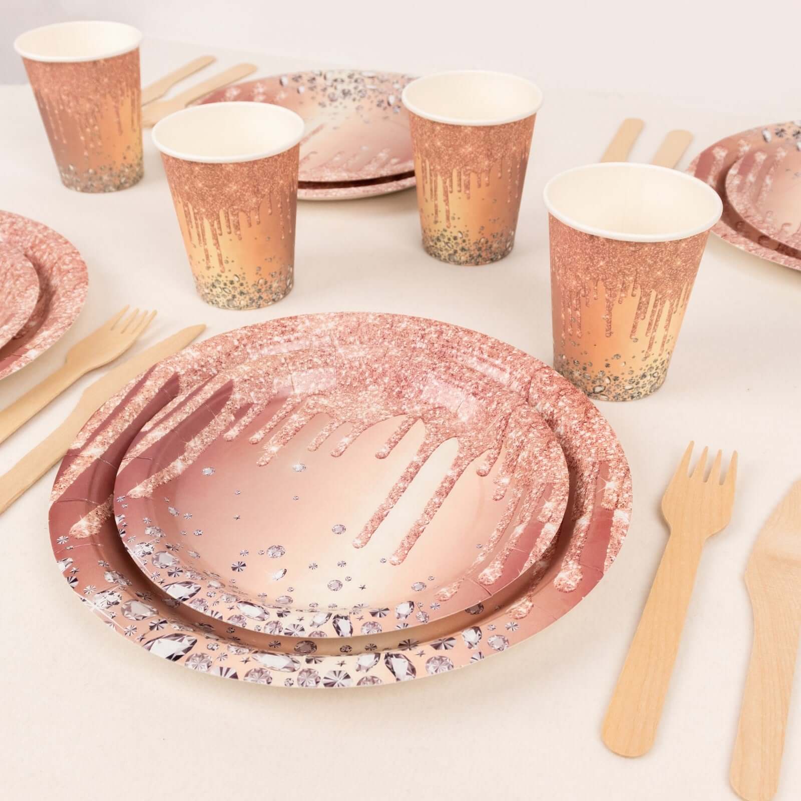 72 Pcs Paper Dinnerware Set Rose Gold with Diamonds Glitter Drip Pattern - Disposable Plates, Cups, and Tableware Combo - Image 9