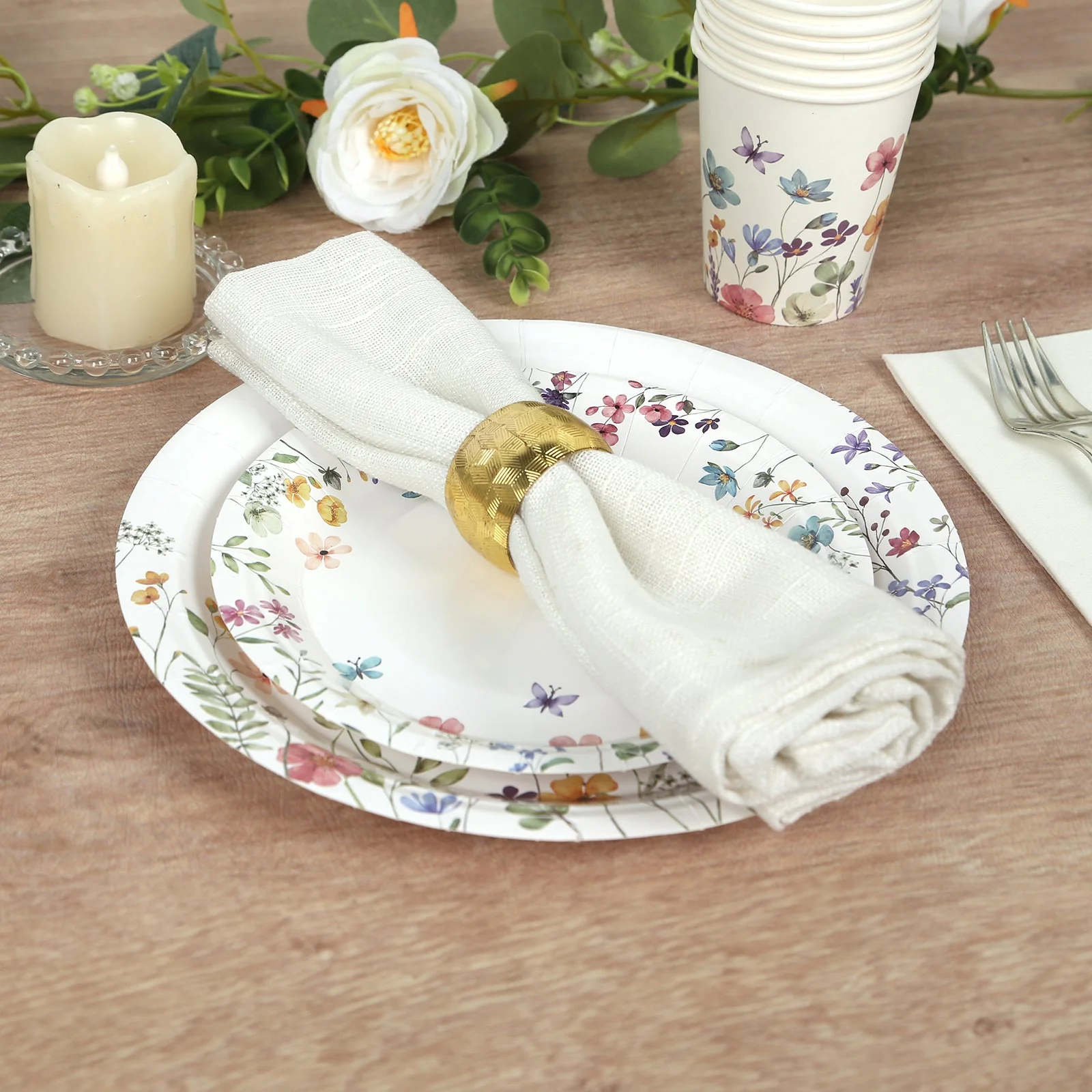 72 Pcs Paper Plates and Cups Set in White with Wildflower Butterfly Print - Disposable Party Supplies for Birthdays, Weddings & Events - Image 10