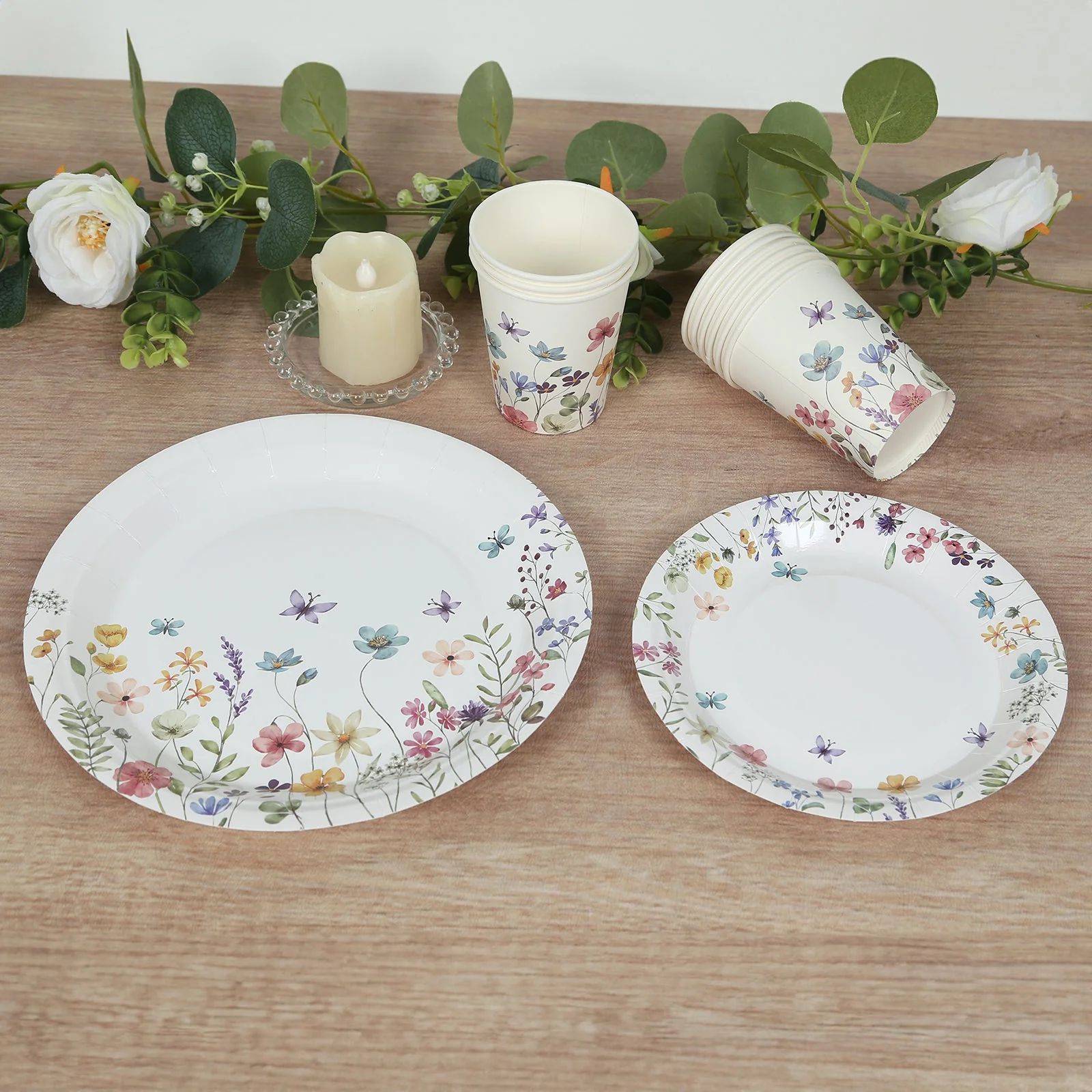 72 Pcs Paper Plates and Cups Set in White with Wildflower Butterfly Print - Disposable Party Supplies for Birthdays, Weddings & Events - Image 11