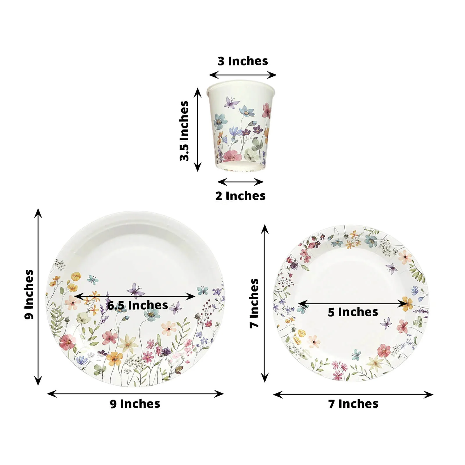 72 Pcs Paper Plates and Cups Set in White with Wildflower Butterfly Print - Disposable Party Supplies for Birthdays, Weddings & Events - Image 2