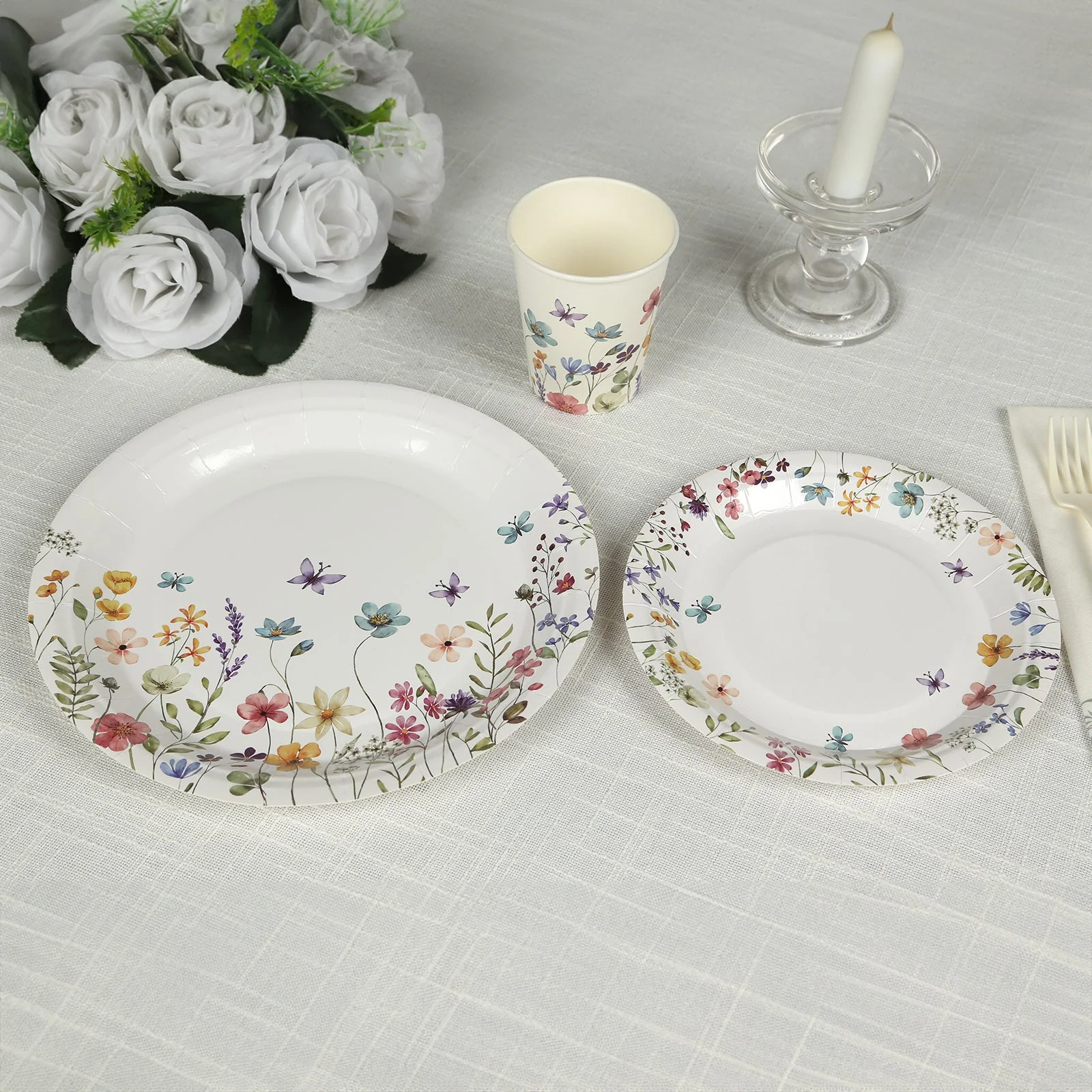 72 Pcs Paper Plates and Cups Set in White with Wildflower Butterfly Print - Disposable Party Supplies for Birthdays, Weddings & Events - Image 4
