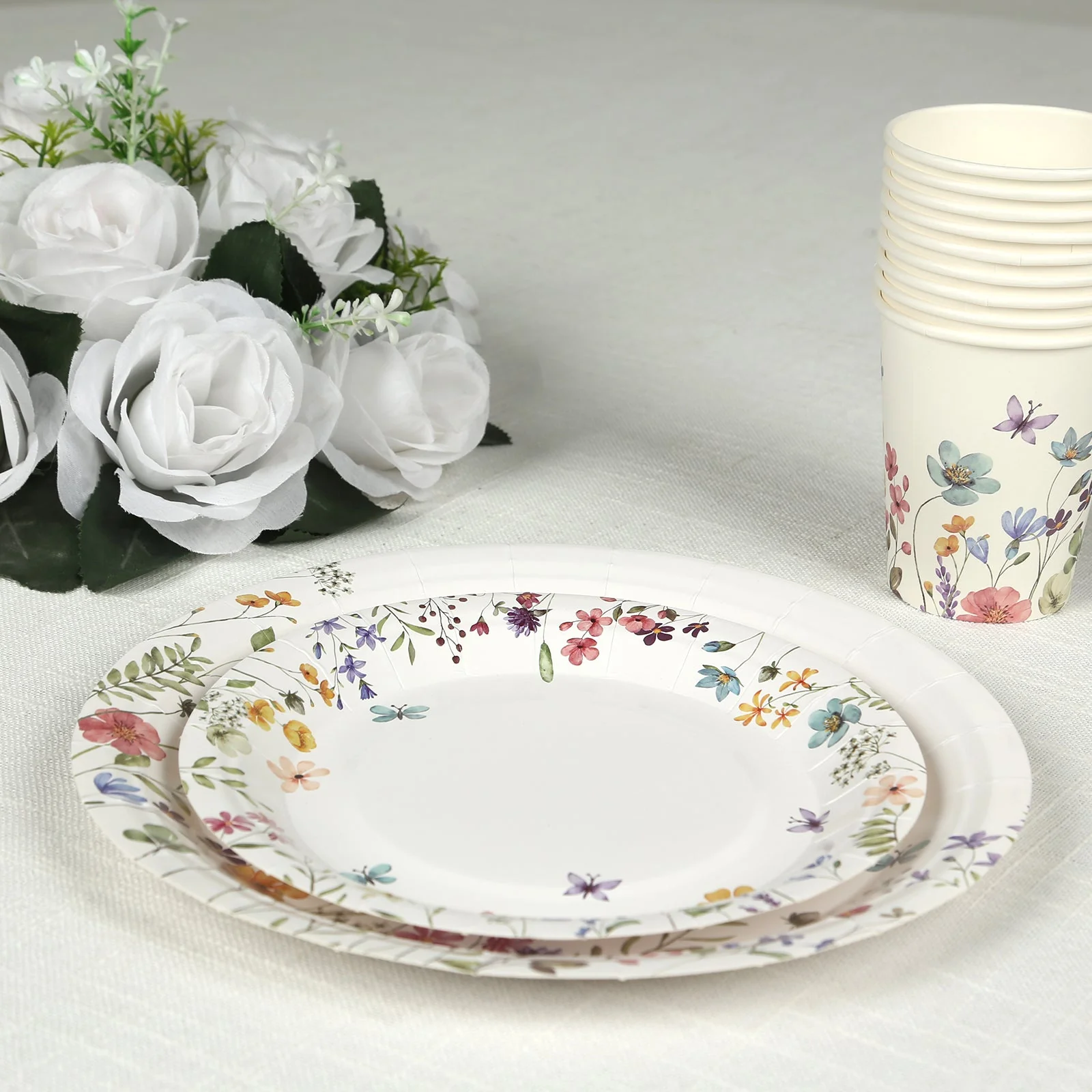 72 Pcs Paper Plates and Cups Set in White with Wildflower Butterfly Print - Disposable Party Supplies for Birthdays, Weddings & Events - Image 5