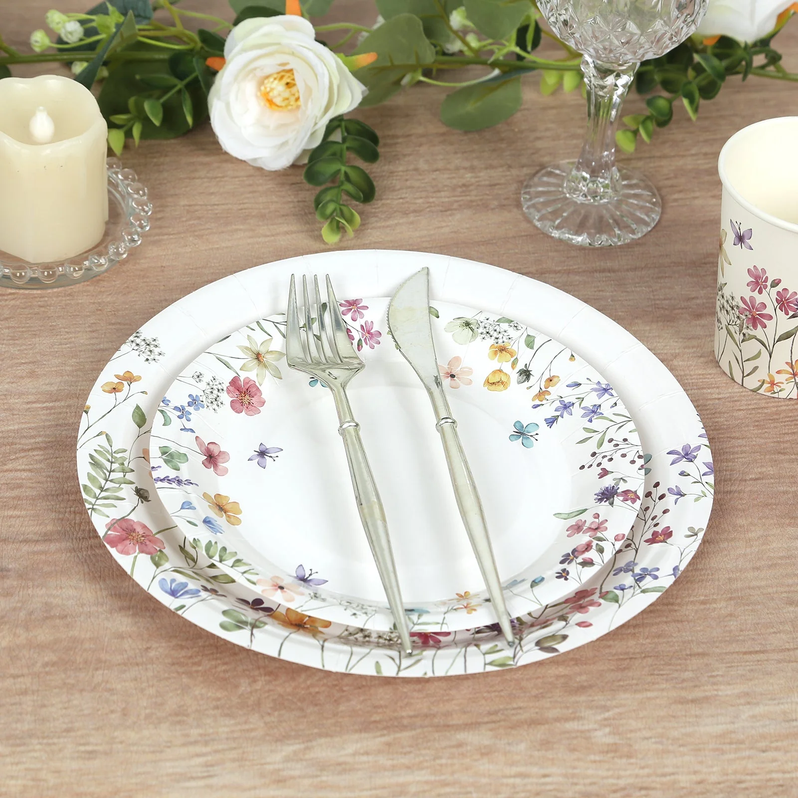 72 Pcs Paper Plates and Cups Set in White with Wildflower Butterfly Print - Disposable Party Supplies for Birthdays, Weddings & Events - Image 7