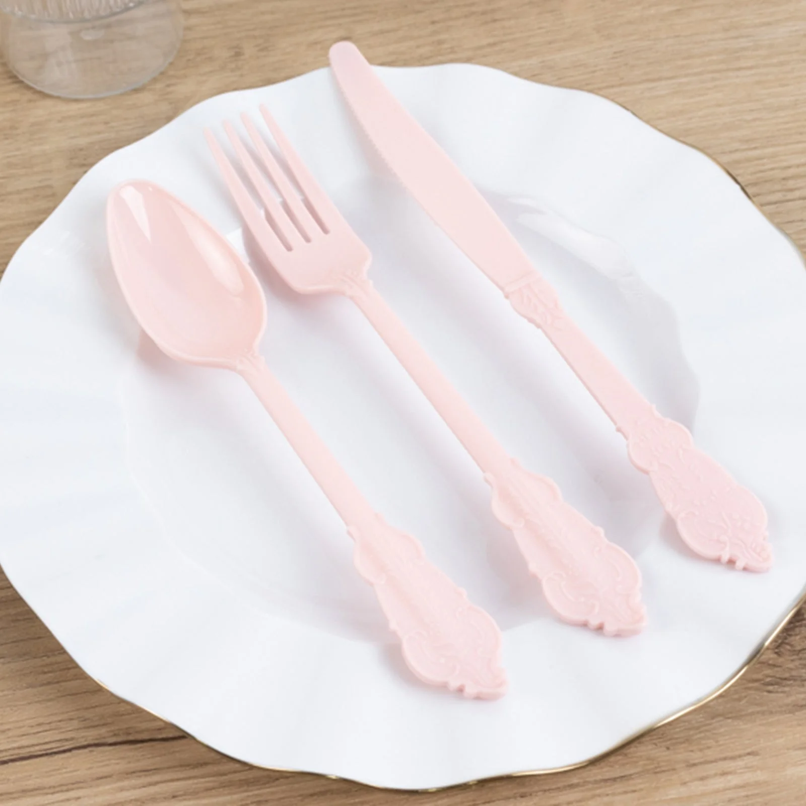 72 Pcs Plastic Silverware Set Blush in Baroque Style - Heavy Duty Disposable Knife, Fork, and Spoon Set - Image 10