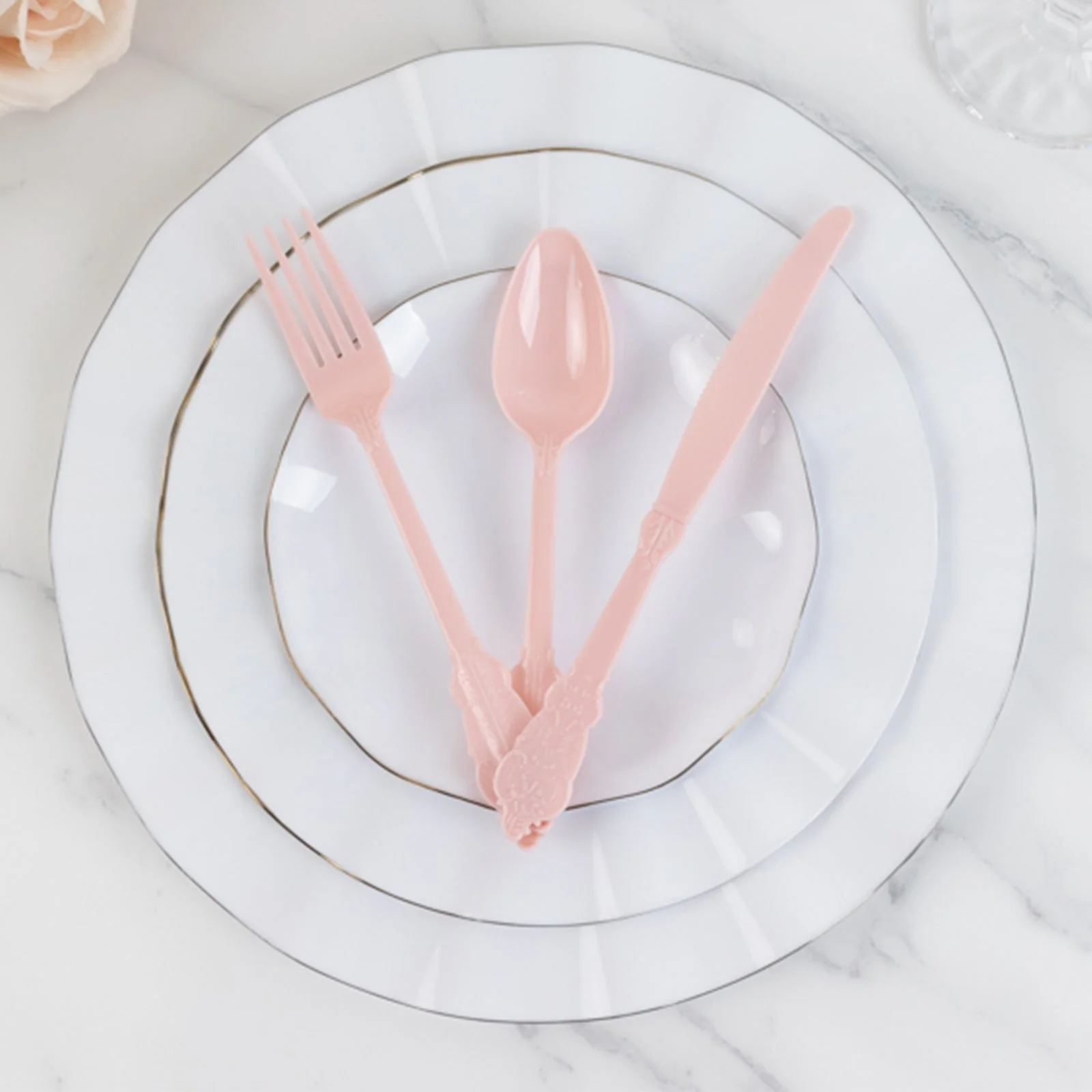 72 Pcs Plastic Silverware Set Blush in Baroque Style - Heavy Duty Disposable Knife, Fork, and Spoon Set - Image 2