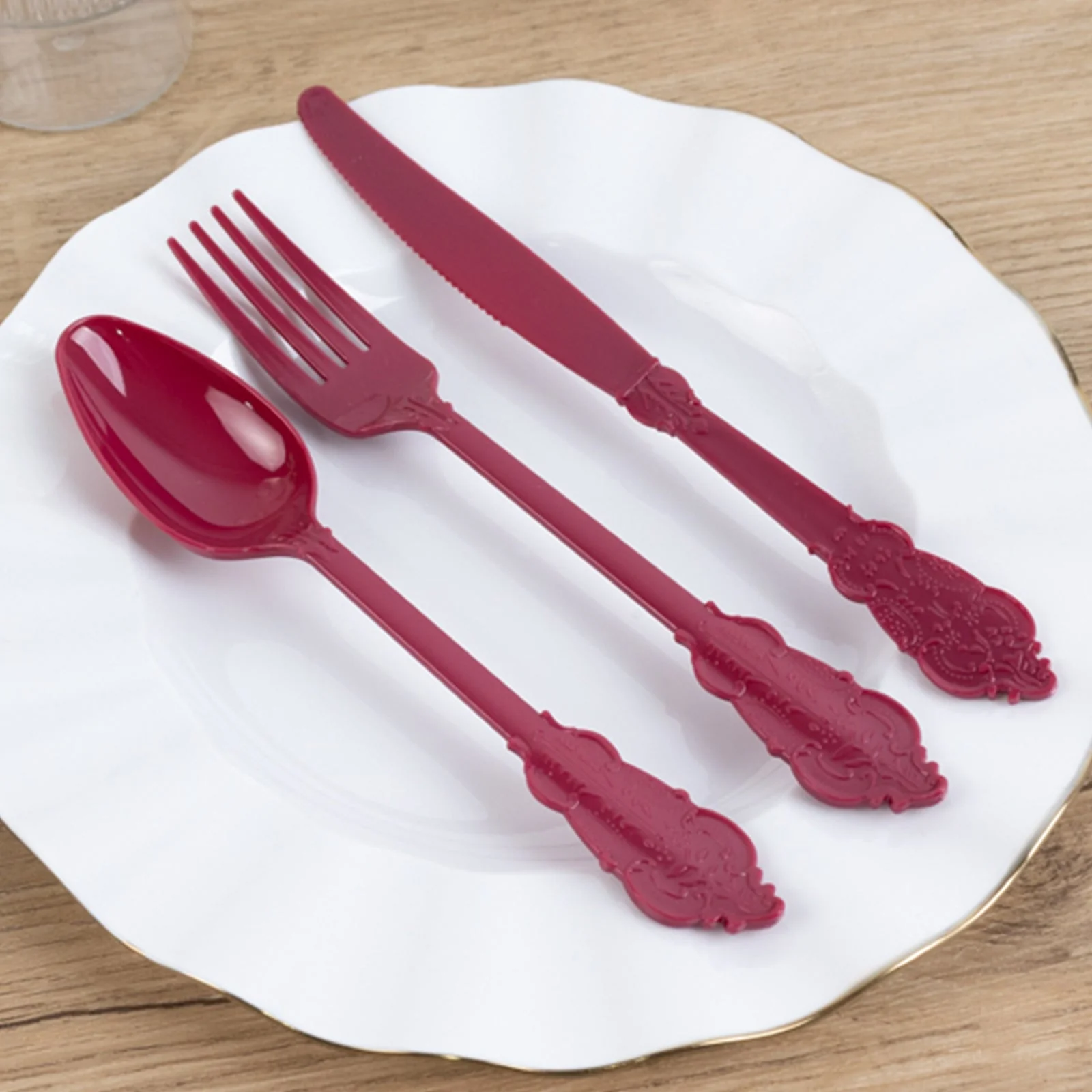 72 Pcs Plastic Silverware Set Burgundy in Baroque Style - Heavy Duty Disposable Knife, Fork, and Spoon Set - Image 11