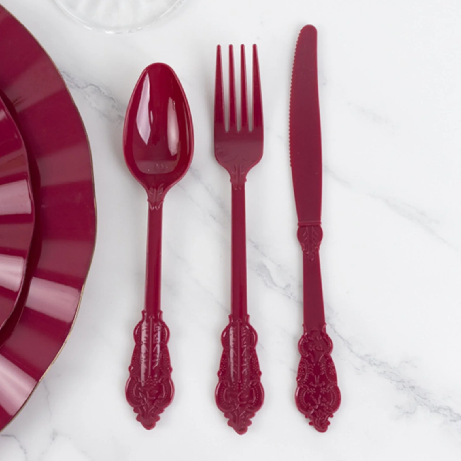 72 Pcs Plastic Silverware Set Burgundy in Baroque Style - Heavy Duty Disposable Knife, Fork, and Spoon Set - Image 2