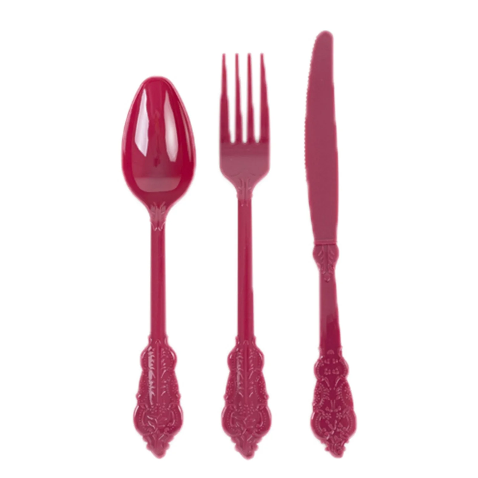72 Pcs Plastic Silverware Set Burgundy in Baroque Style - Heavy Duty Disposable Knife, Fork, and Spoon Set - Image 6