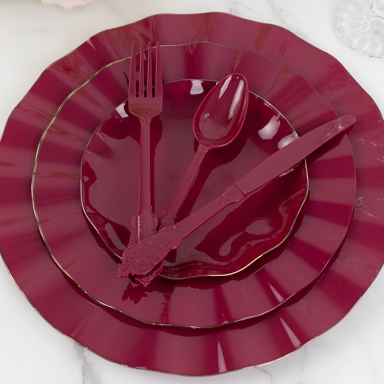 72 Pcs Plastic Silverware Set Burgundy in Baroque Style - Heavy Duty Disposable Knife, Fork, and Spoon Set - Image 7