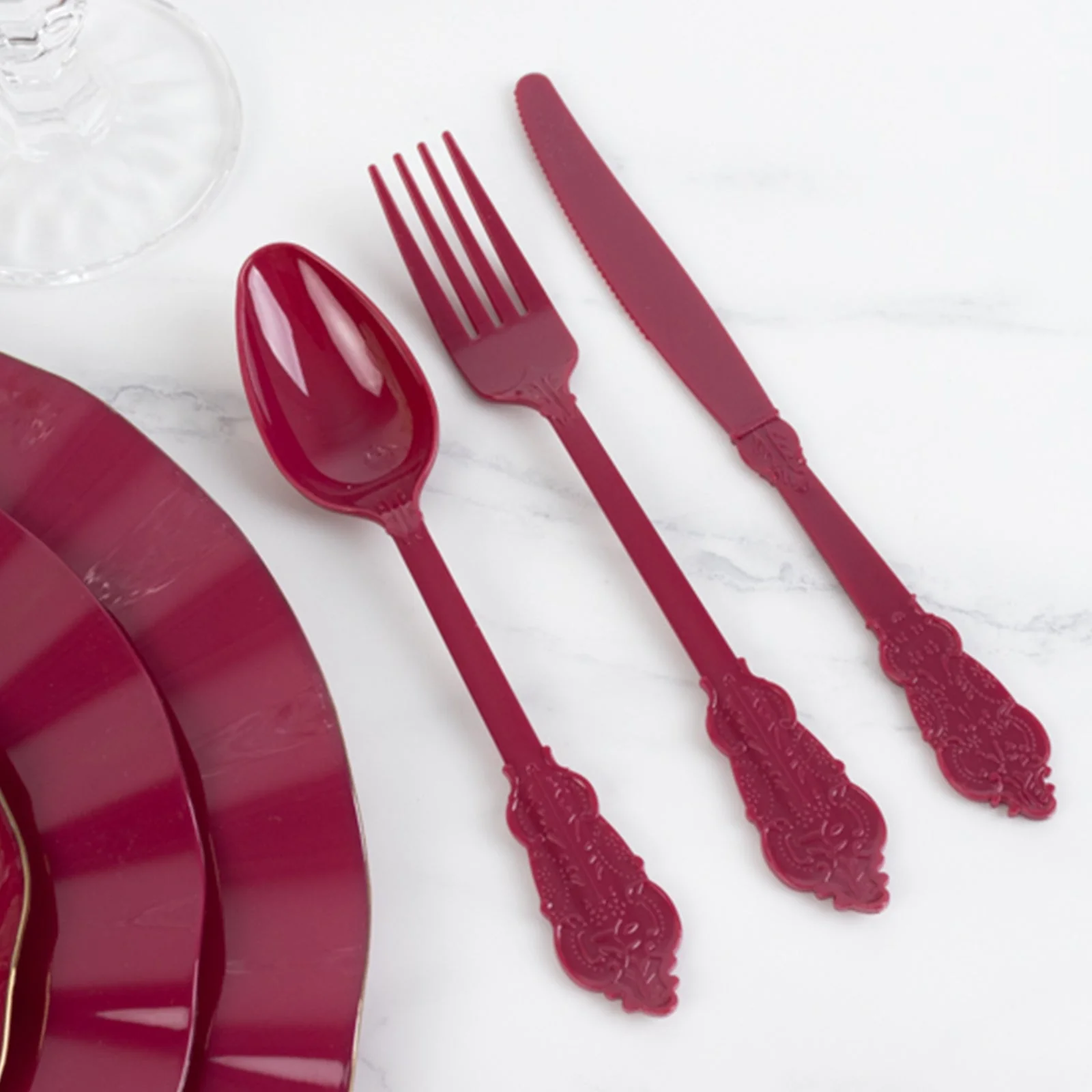 72 Pcs Plastic Silverware Set Burgundy in Baroque Style - Heavy Duty Disposable Knife, Fork, and Spoon Set - Image 8