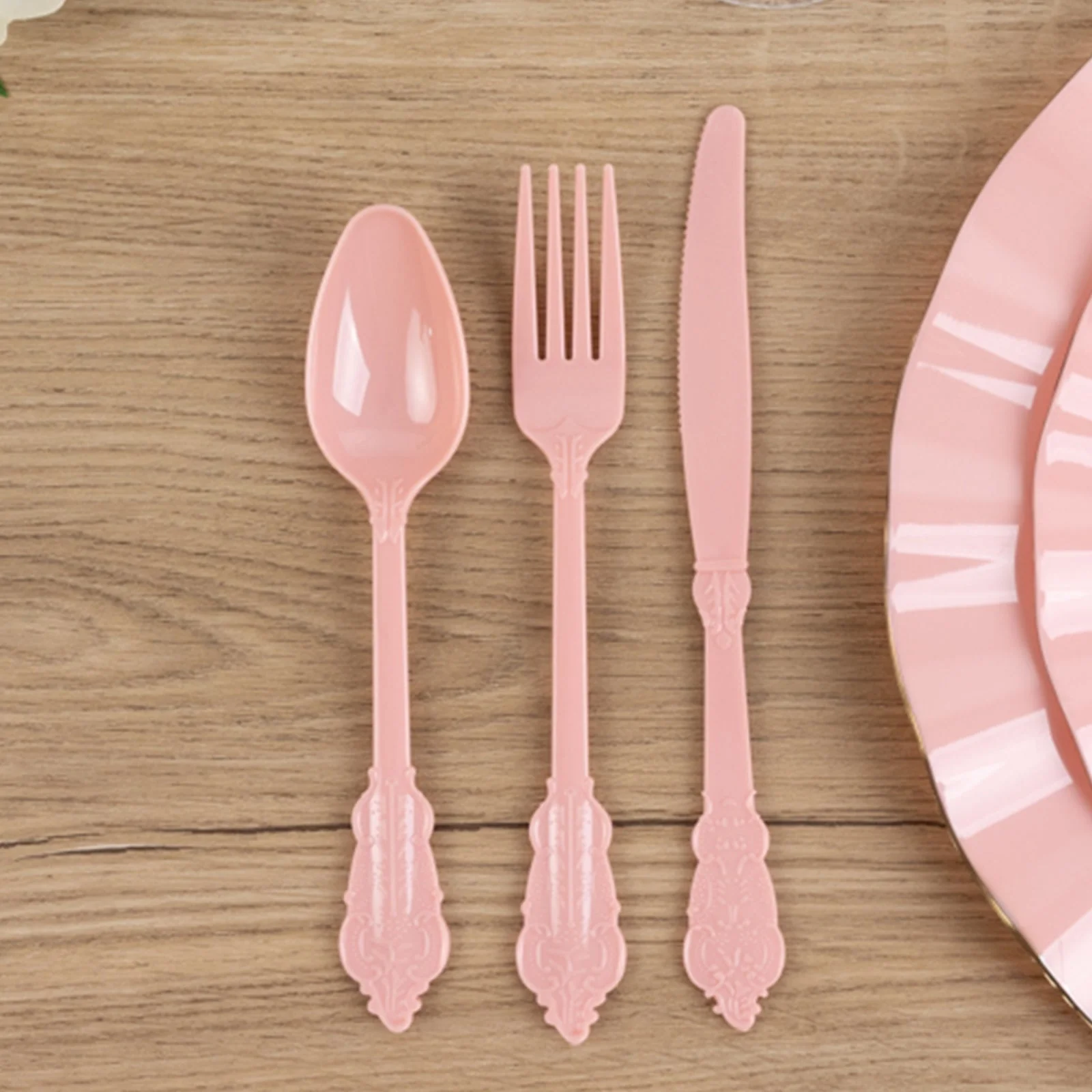 72 Pcs Plastic Silverware Set Dusty Rose in Baroque Style - Heavy Duty Disposable Knife, Fork, and Spoon Set
