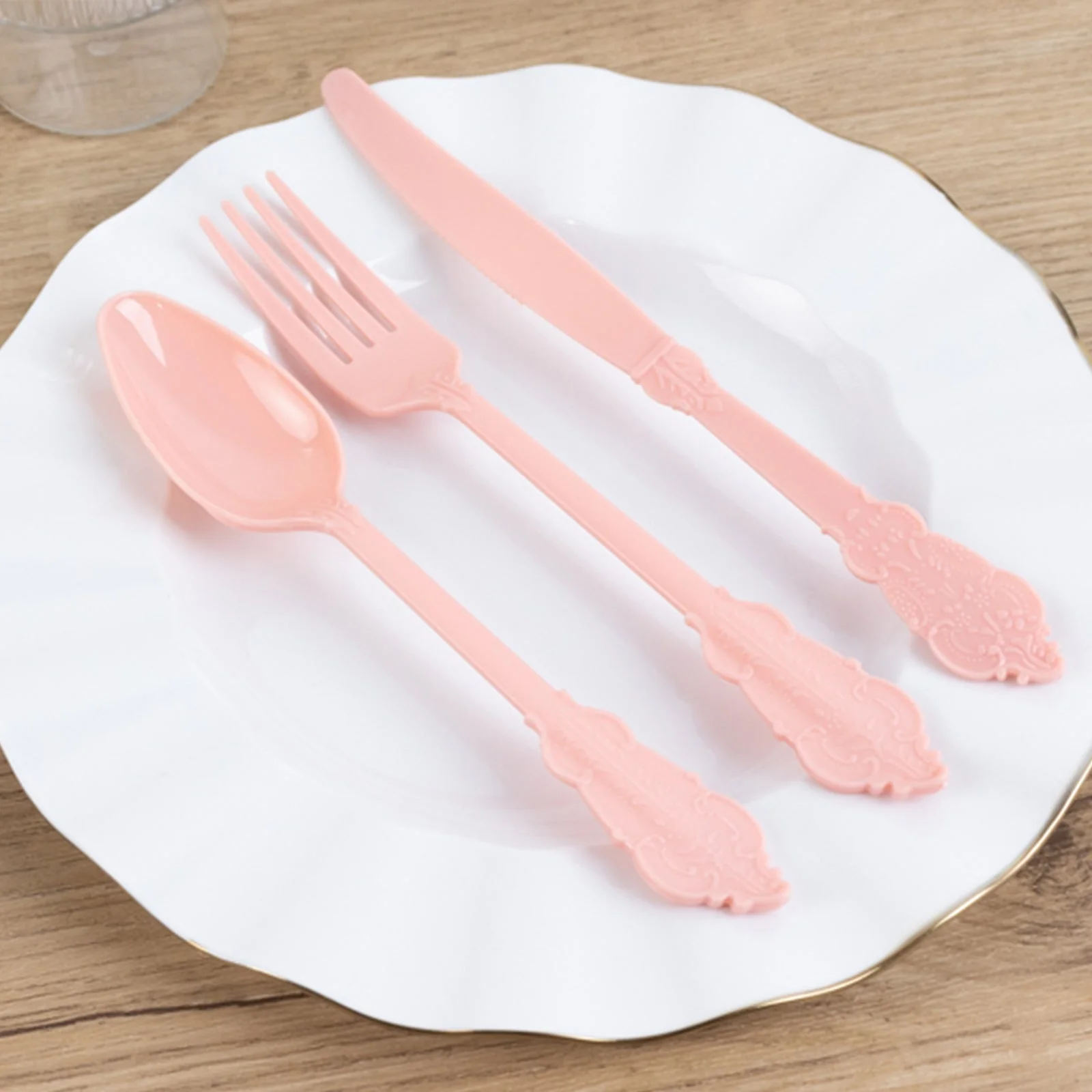 72 Pcs Plastic Silverware Set Dusty Rose in Baroque Style - Heavy Duty Disposable Knife, Fork, and Spoon Set - Image 10