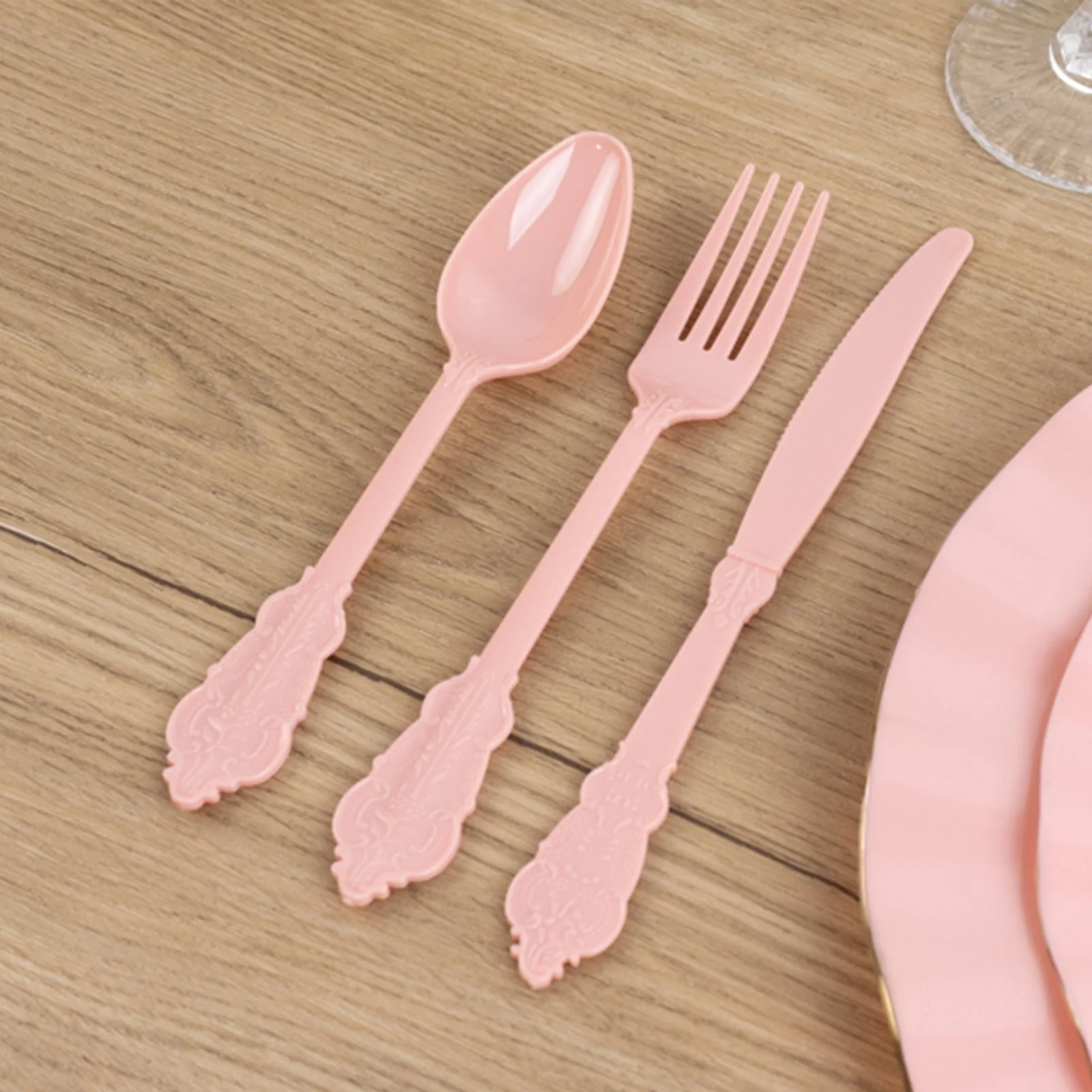 72 Pcs Plastic Silverware Set Dusty Rose in Baroque Style - Heavy Duty Disposable Knife, Fork, and Spoon Set - Image 7