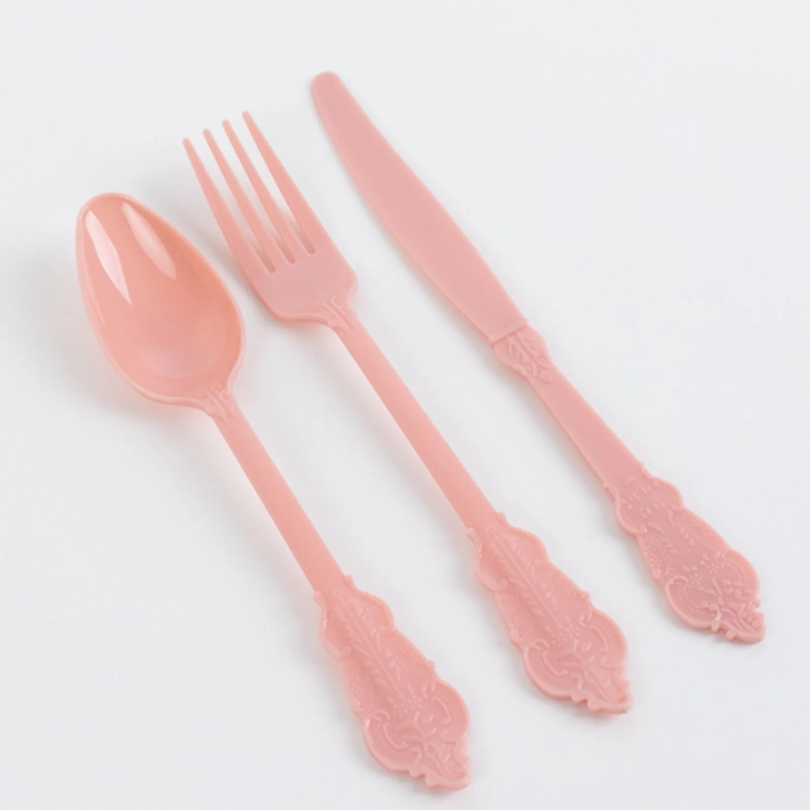 72 Pcs Plastic Silverware Set Dusty Rose in Baroque Style - Heavy Duty Disposable Knife, Fork, and Spoon Set - Image 8