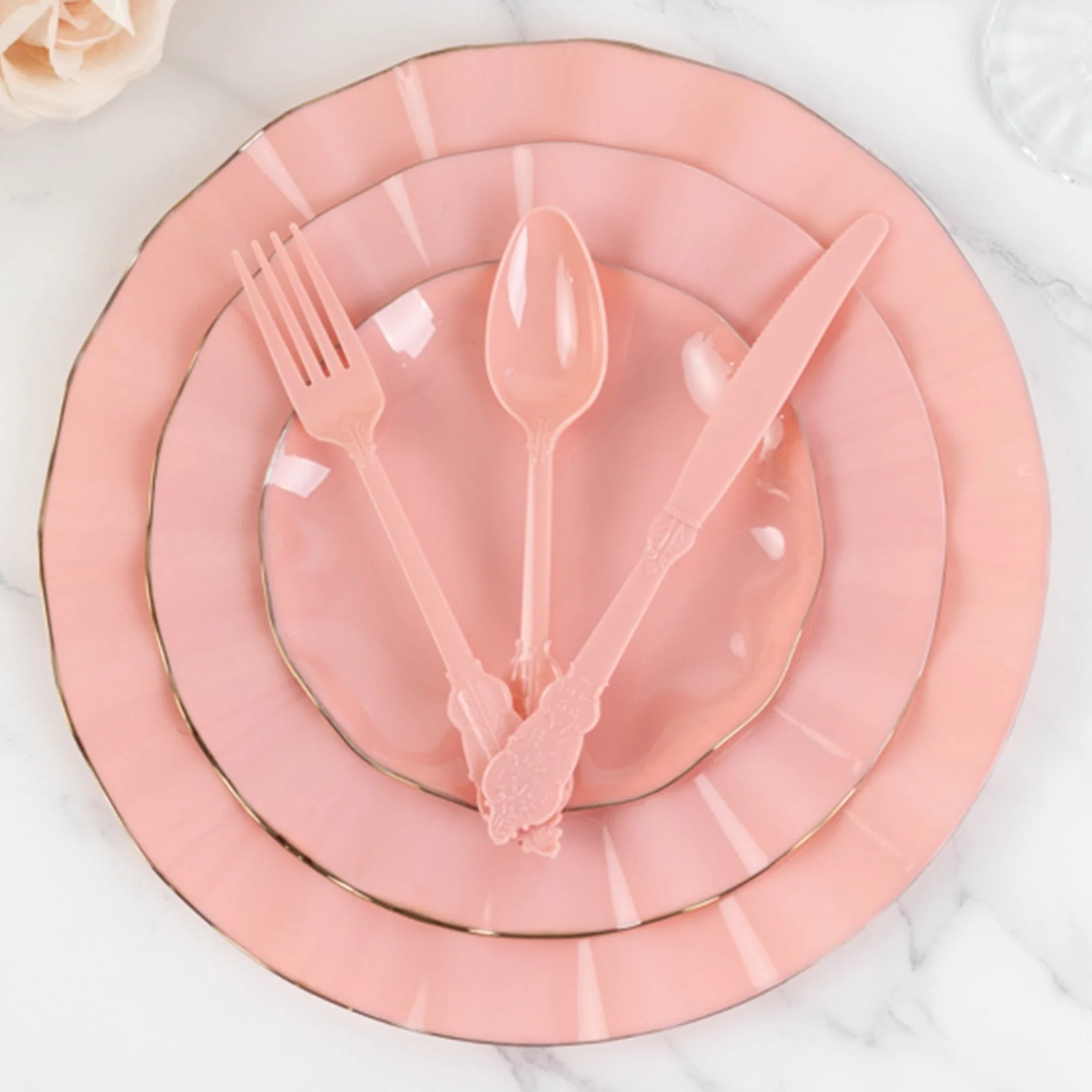 72 Pcs Plastic Silverware Set Dusty Rose in Baroque Style - Heavy Duty Disposable Knife, Fork, and Spoon Set - Image 9