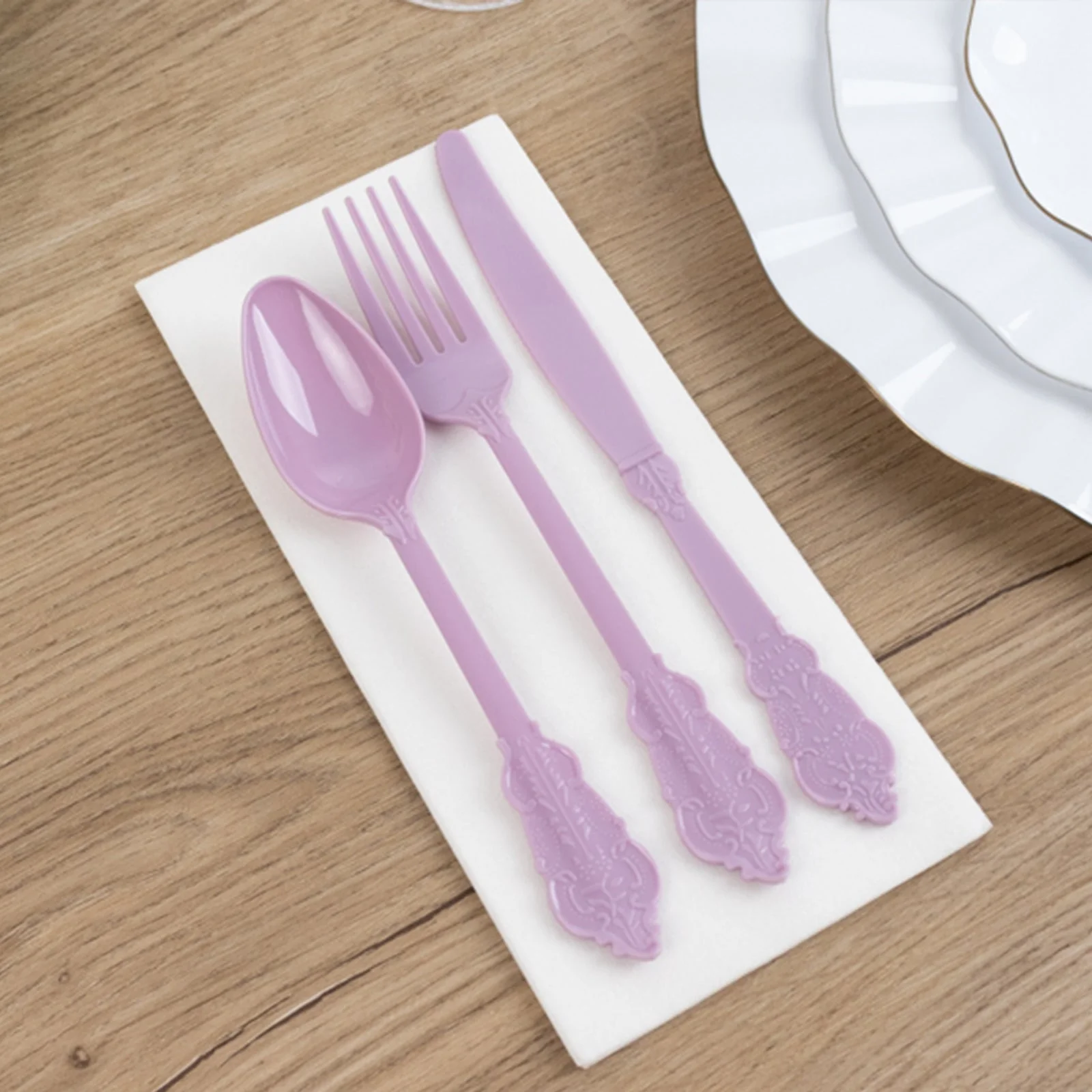 72 Pcs Plastic Silverware Set Lavender Lilac in Baroque Style - Heavy Duty Disposable Knife, Fork, and Spoon Set - Image 2