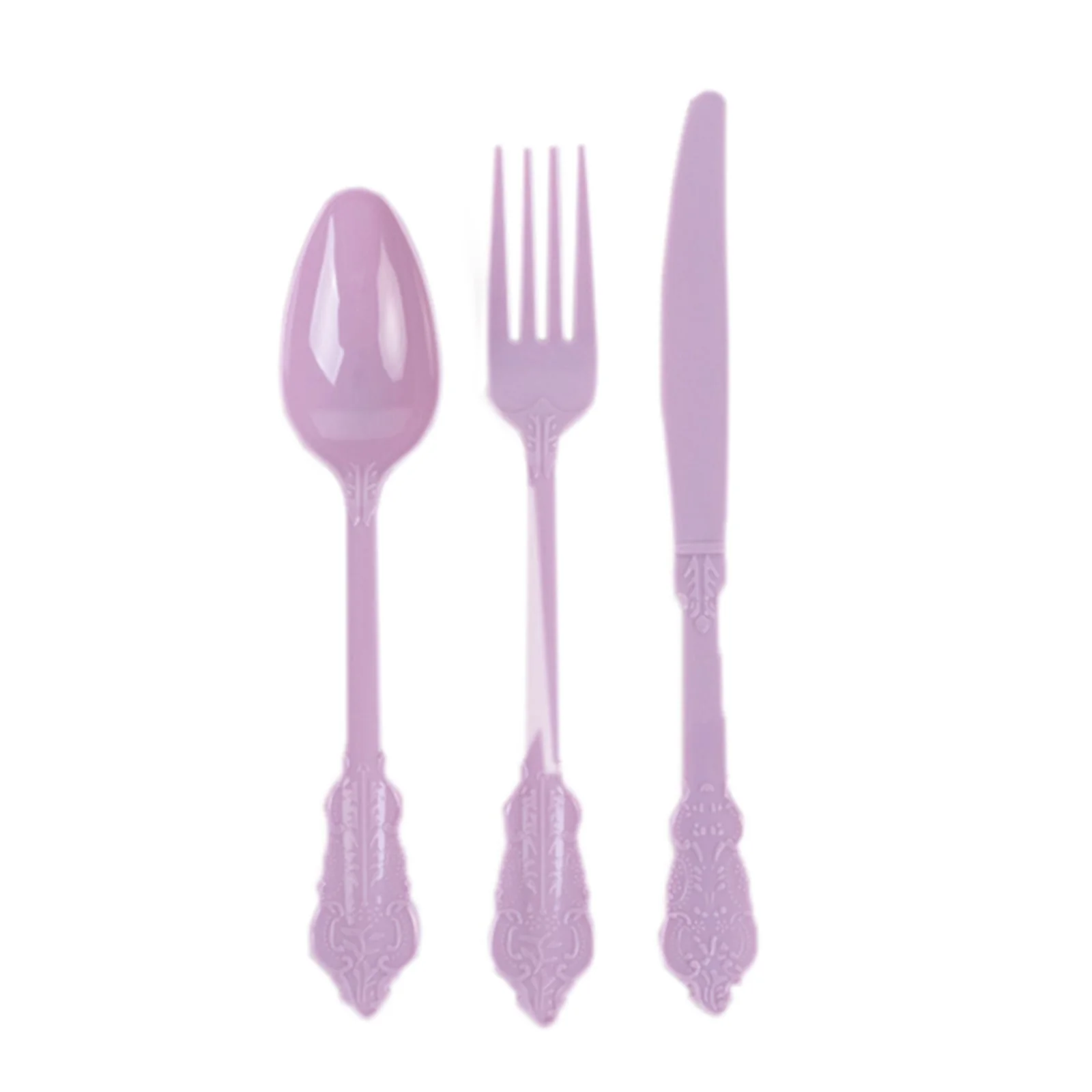 72 Pcs Plastic Silverware Set Lavender Lilac in Baroque Style - Heavy Duty Disposable Knife, Fork, and Spoon Set - Image 6