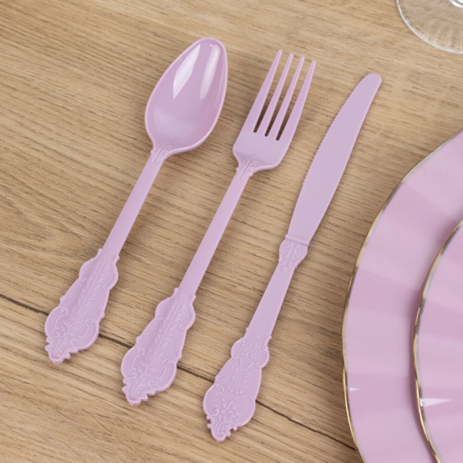 72 Pcs Plastic Silverware Set Lavender Lilac in Baroque Style - Heavy Duty Disposable Knife, Fork, and Spoon Set - Image 7