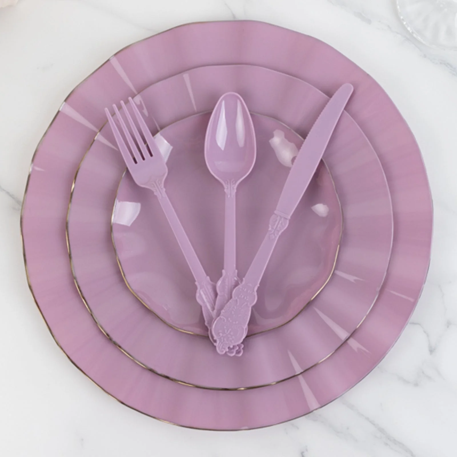 72 Pcs Plastic Silverware Set Lavender Lilac in Baroque Style - Heavy Duty Disposable Knife, Fork, and Spoon Set - Image 8