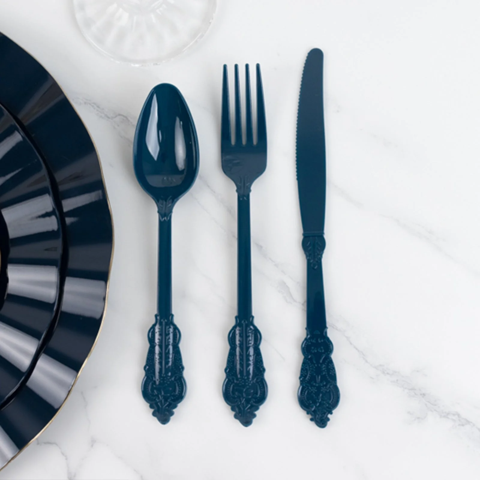 72 Pcs Plastic Silverware Set Navy Blue in Baroque Style - Heavy Duty Disposable Knife, Fork, and Spoon Set - Image 7