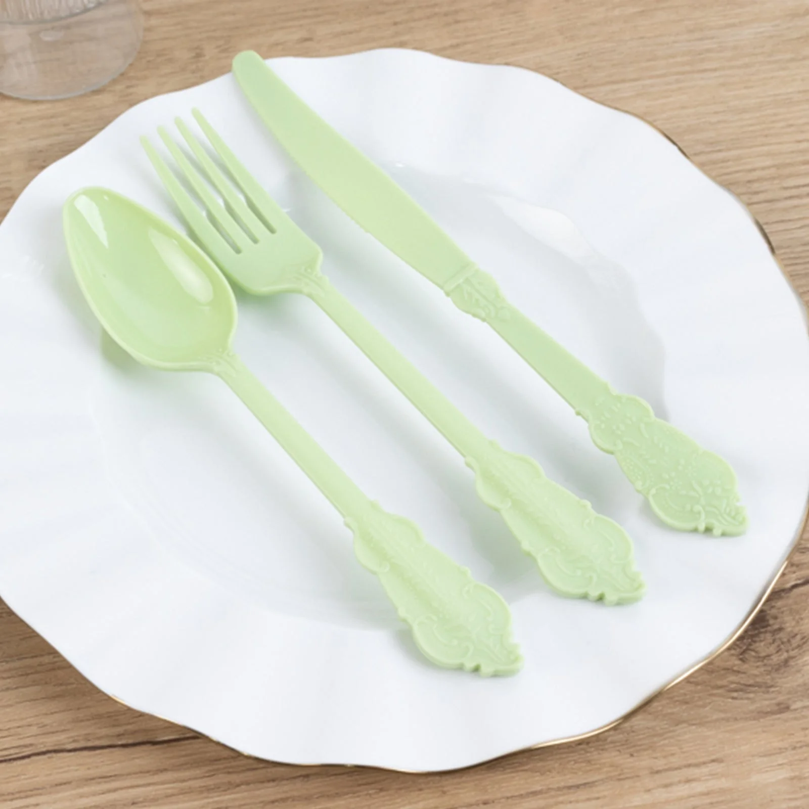 72 Pcs Plastic Silverware Set Sage Green in Baroque Style - Heavy Duty Disposable Knife, Fork, and Spoon Set