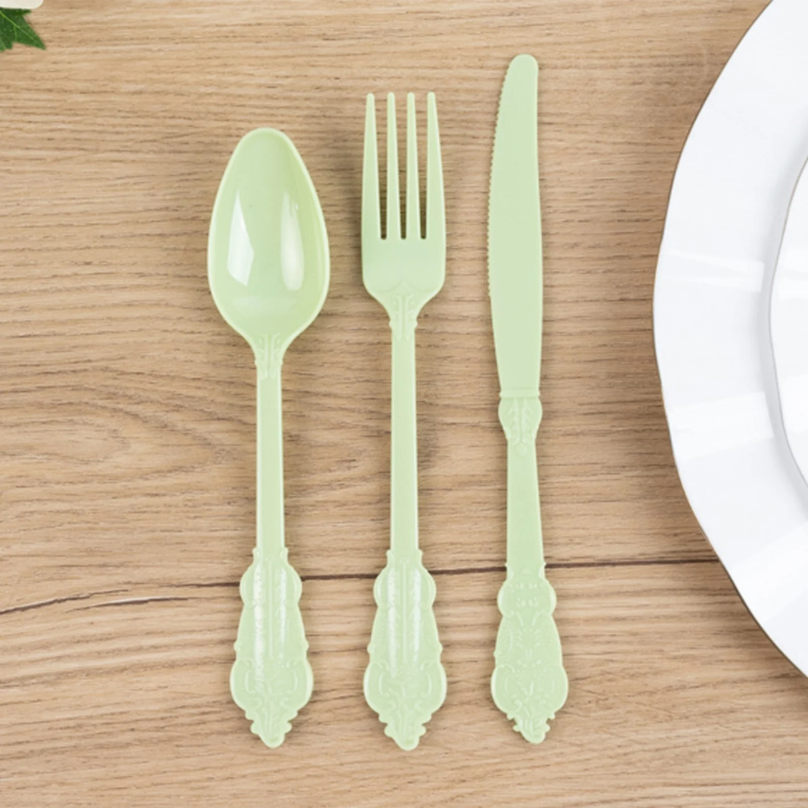 72 Pcs Plastic Silverware Set Sage Green in Baroque Style - Heavy Duty Disposable Knife, Fork, and Spoon Set - Image 11