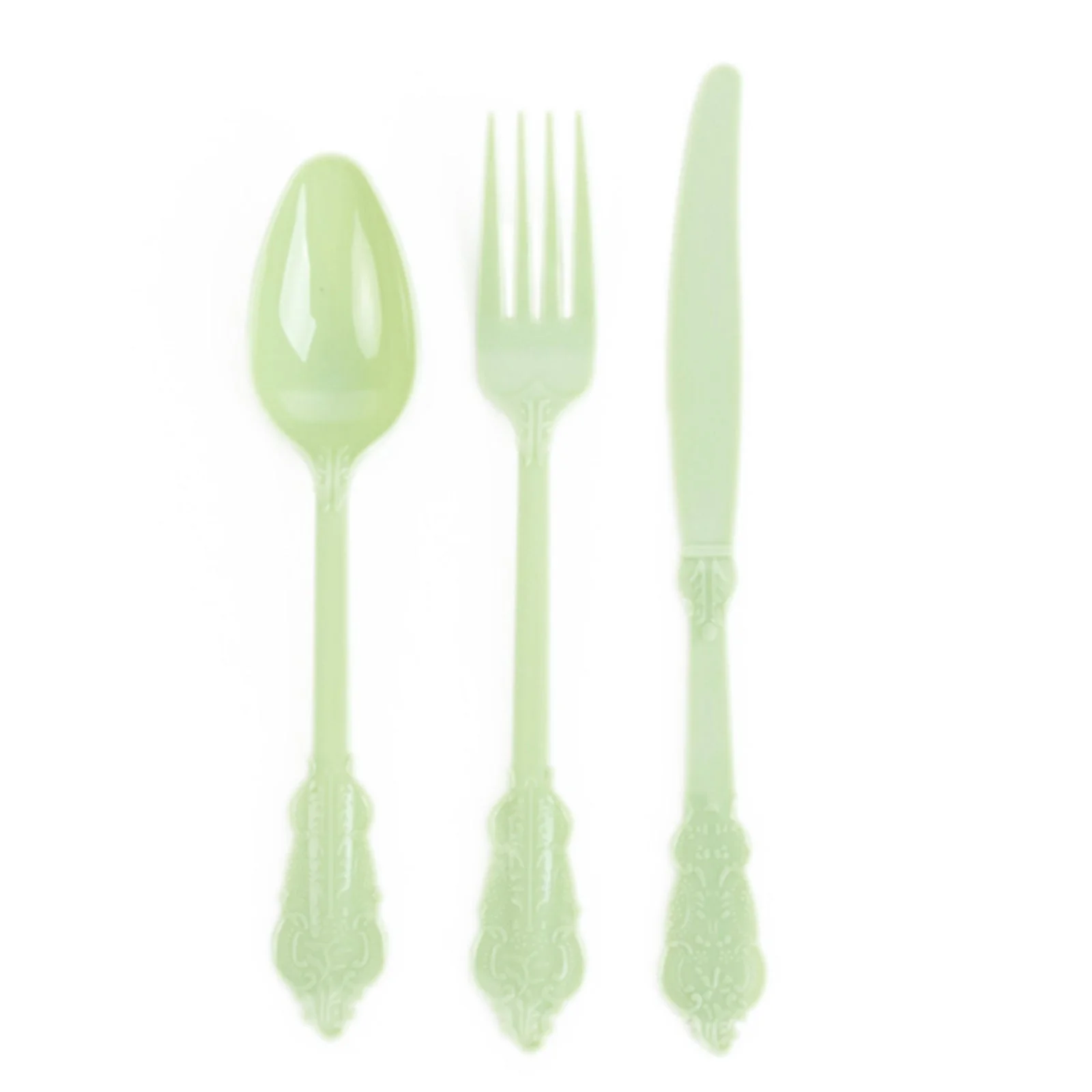 72 Pcs Plastic Silverware Set Sage Green in Baroque Style - Heavy Duty Disposable Knife, Fork, and Spoon Set - Image 6