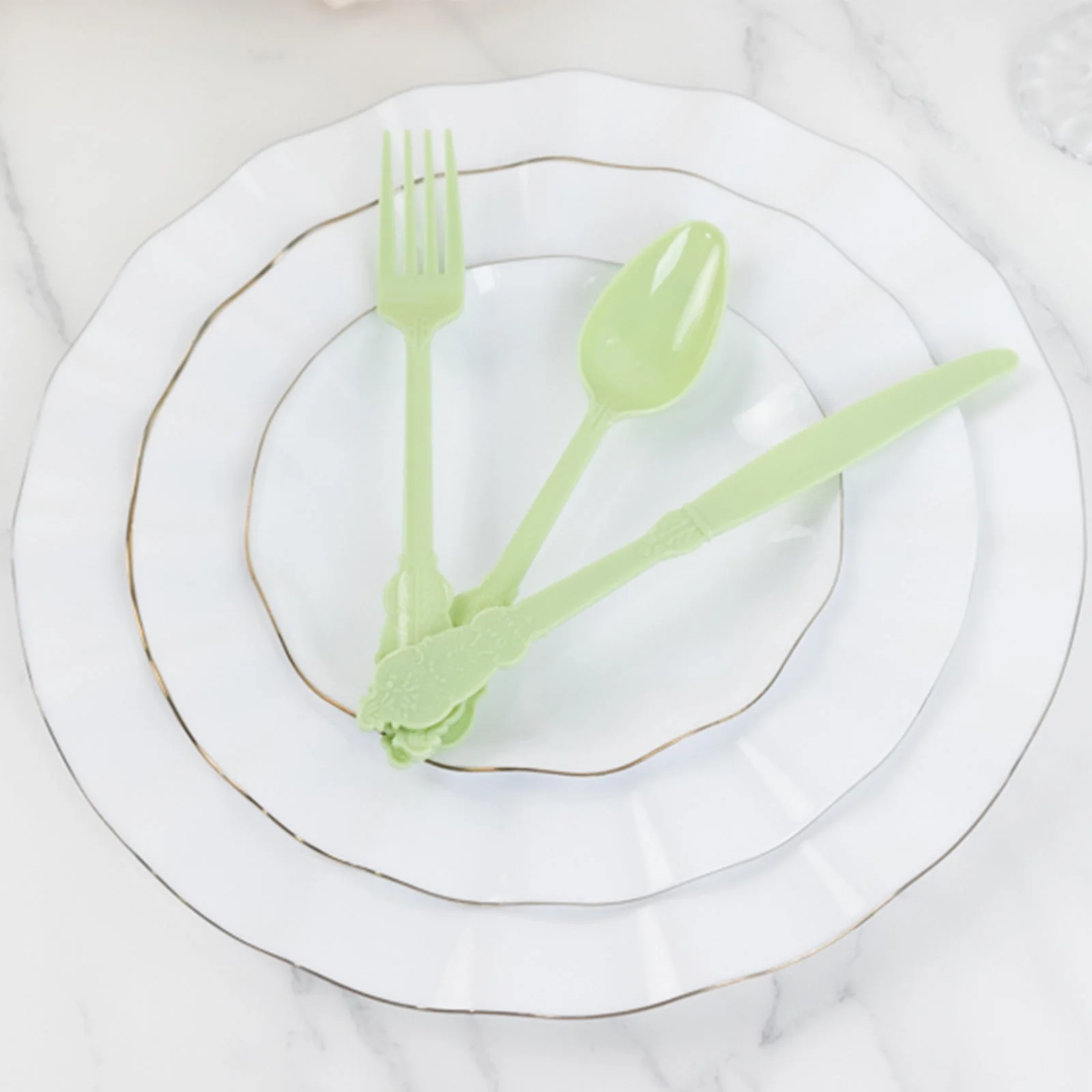 72 Pcs Plastic Silverware Set Sage Green in Baroque Style - Heavy Duty Disposable Knife, Fork, and Spoon Set - Image 7