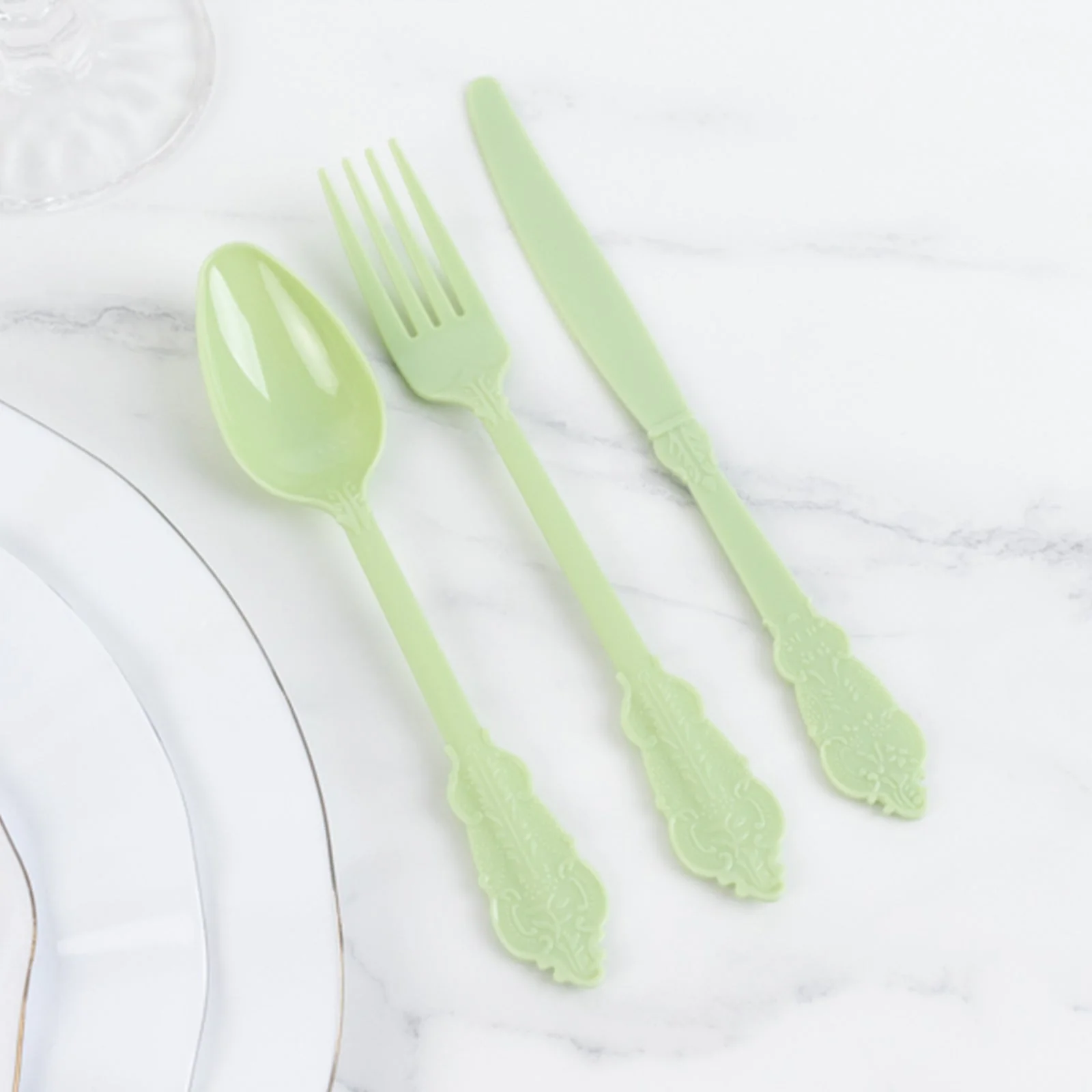 72 Pcs Plastic Silverware Set Sage Green in Baroque Style - Heavy Duty Disposable Knife, Fork, and Spoon Set - Image 8