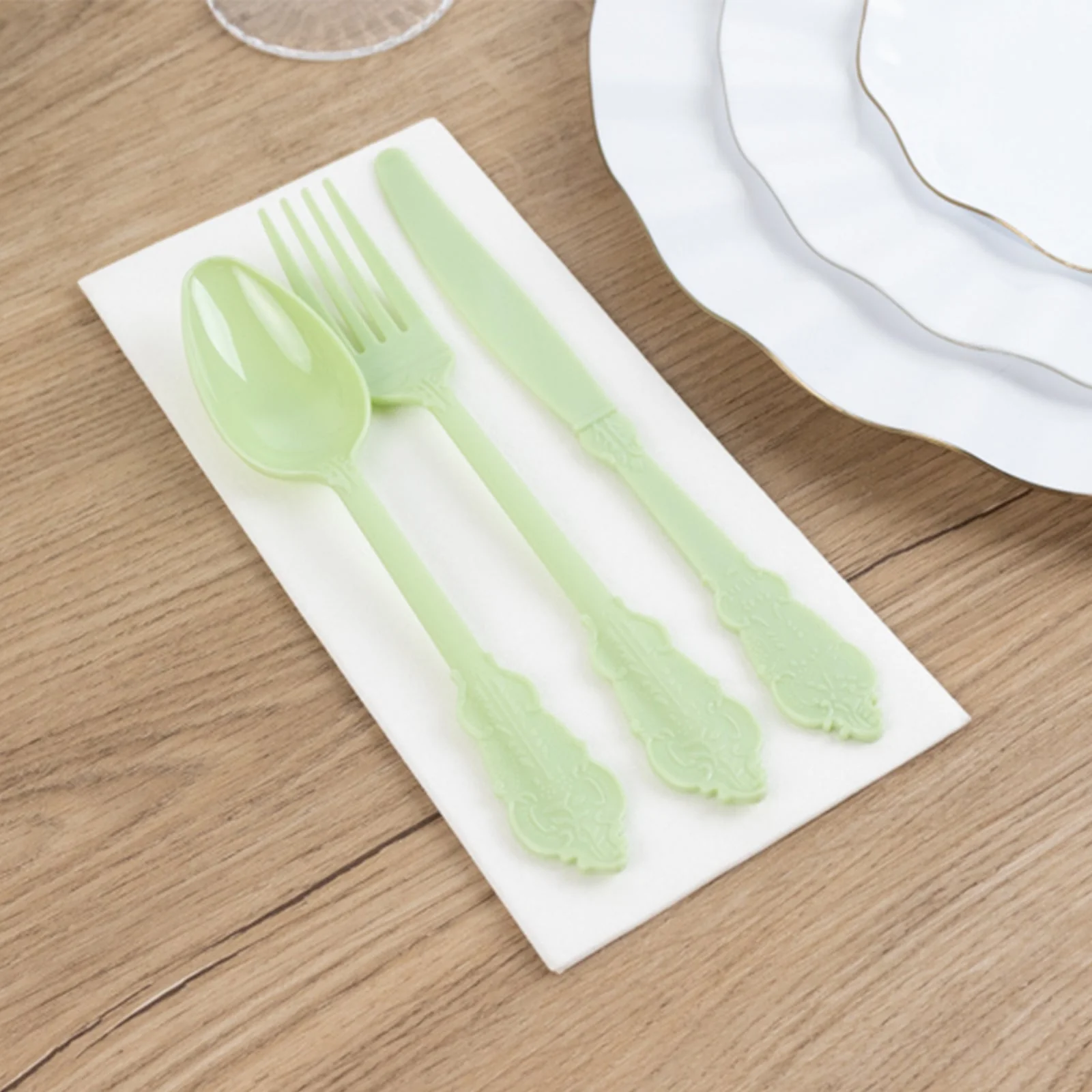 72 Pcs Plastic Silverware Set Sage Green in Baroque Style - Heavy Duty Disposable Knife, Fork, and Spoon Set - Image 9