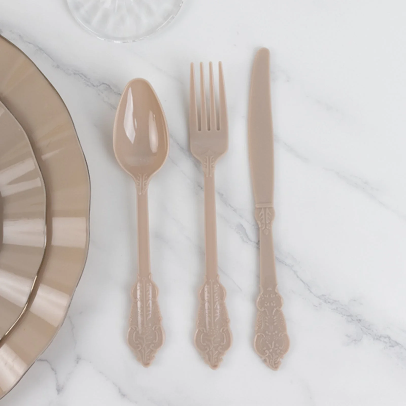 72 Pcs Plastic Silverware Set Taupe in Baroque Style - Heavy Duty Disposable Knife, Fork, and Spoon Set - Image 10