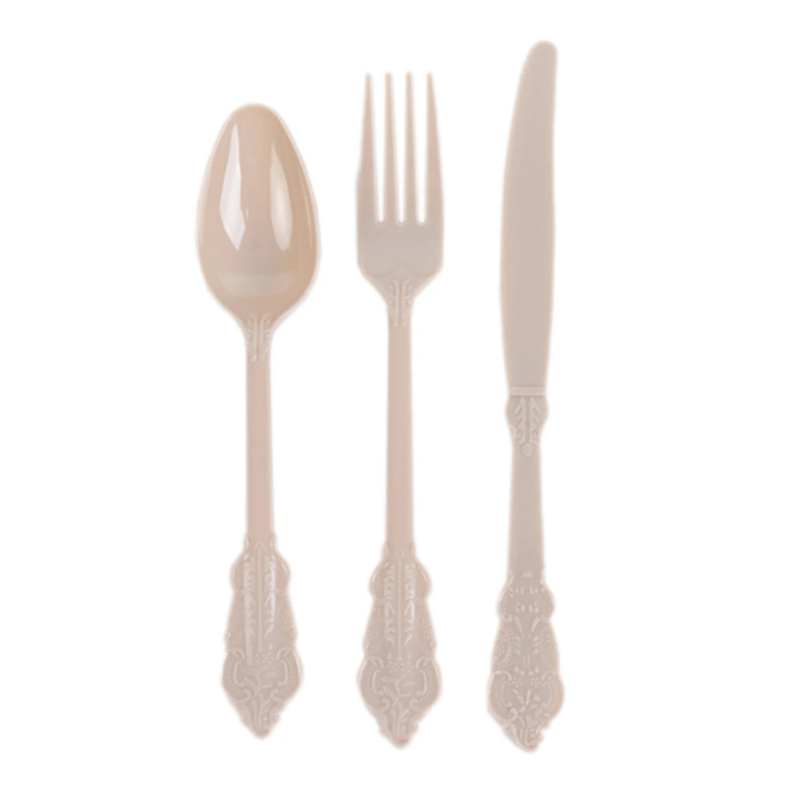 72 Pcs Plastic Silverware Set Taupe in Baroque Style - Heavy Duty Disposable Knife, Fork, and Spoon Set - Image 6