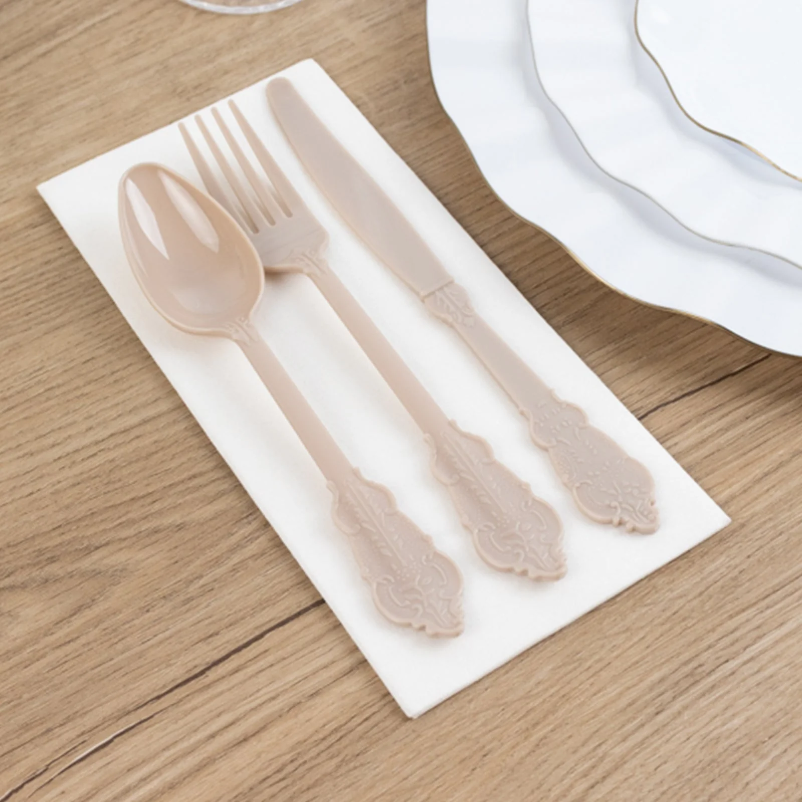 72 Pcs Plastic Silverware Set Taupe in Baroque Style - Heavy Duty Disposable Knife, Fork, and Spoon Set - Image 7