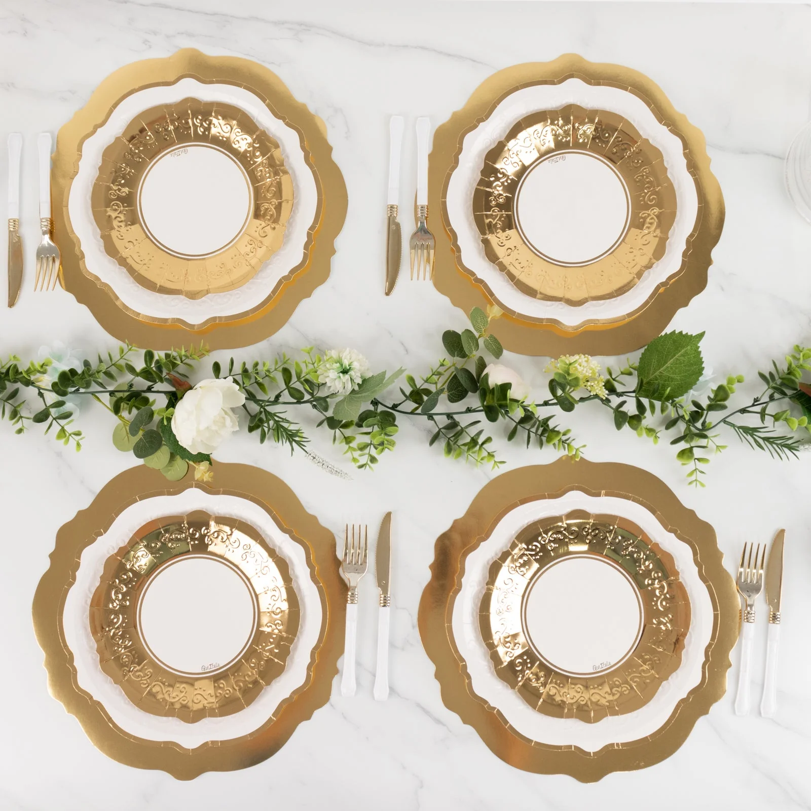 75 Pcs Paper Charger Plates White with Gold Embossed Scalloped Rim 8",10",13" - Heavy Duty Disposable Dinner and Salad Plates - Image 8