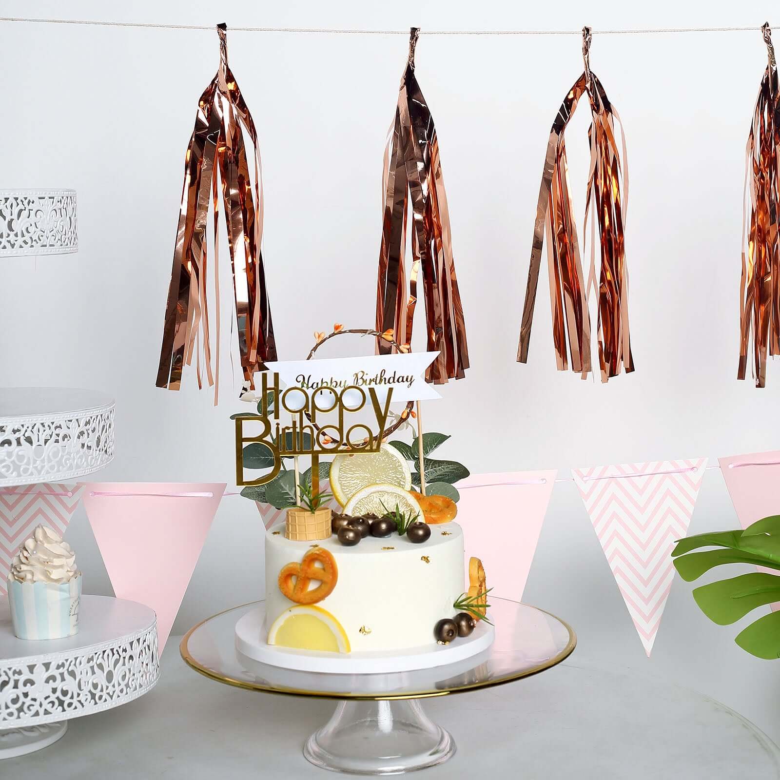 Rose Gold Hanging Foil Tassel Garland, Metallic Tinsel Fringe Banner Party Streamer Backdrop Decorations 7.5ft Long - Image 8