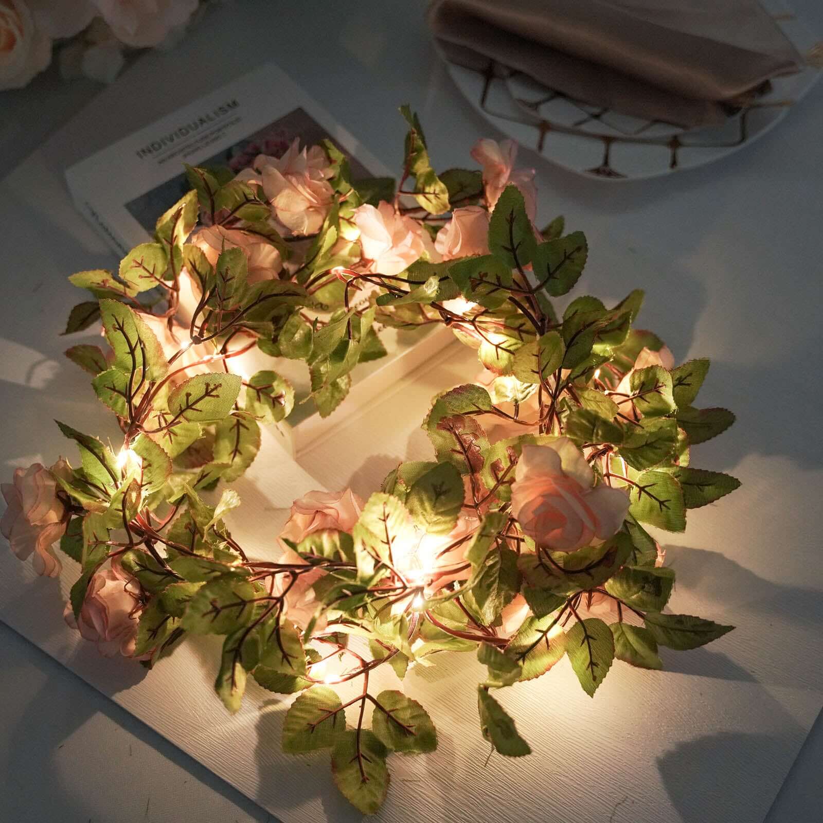 20 LED Blush Silk Rose Flower Garland Vine String Lights, Warm White Battery Operated 7ft - Image 2